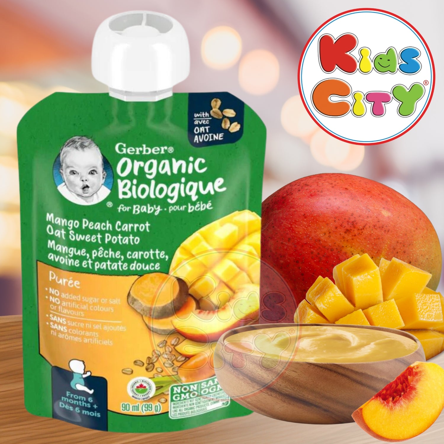 Gerber Organic Biologique for Baby, 2nd Foods for Sitter, 90ml (99g) Mango Peach Carrot Oat Sweet Potato