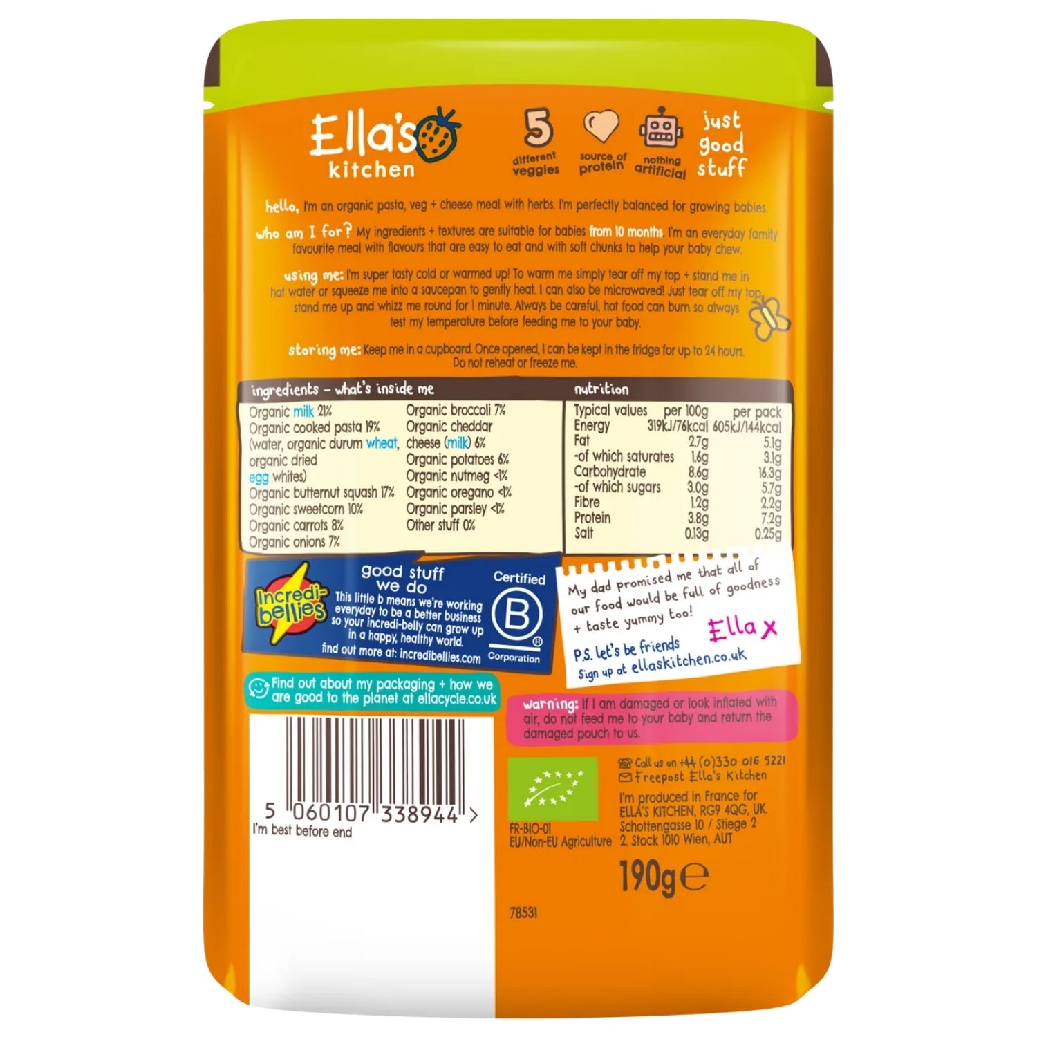 Ella's Kitchen Organic Baby Food Pouch, Cheesy Pasta with butternut squash (10m+) - 190g
