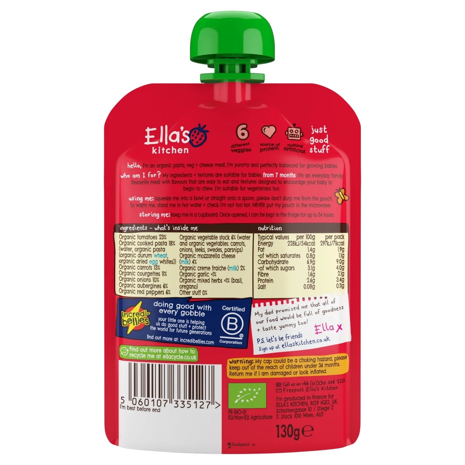 Ella's Kitchen Organic Baby Food Pouch, Veggie Lasagne with cheese (7m+) - 130g