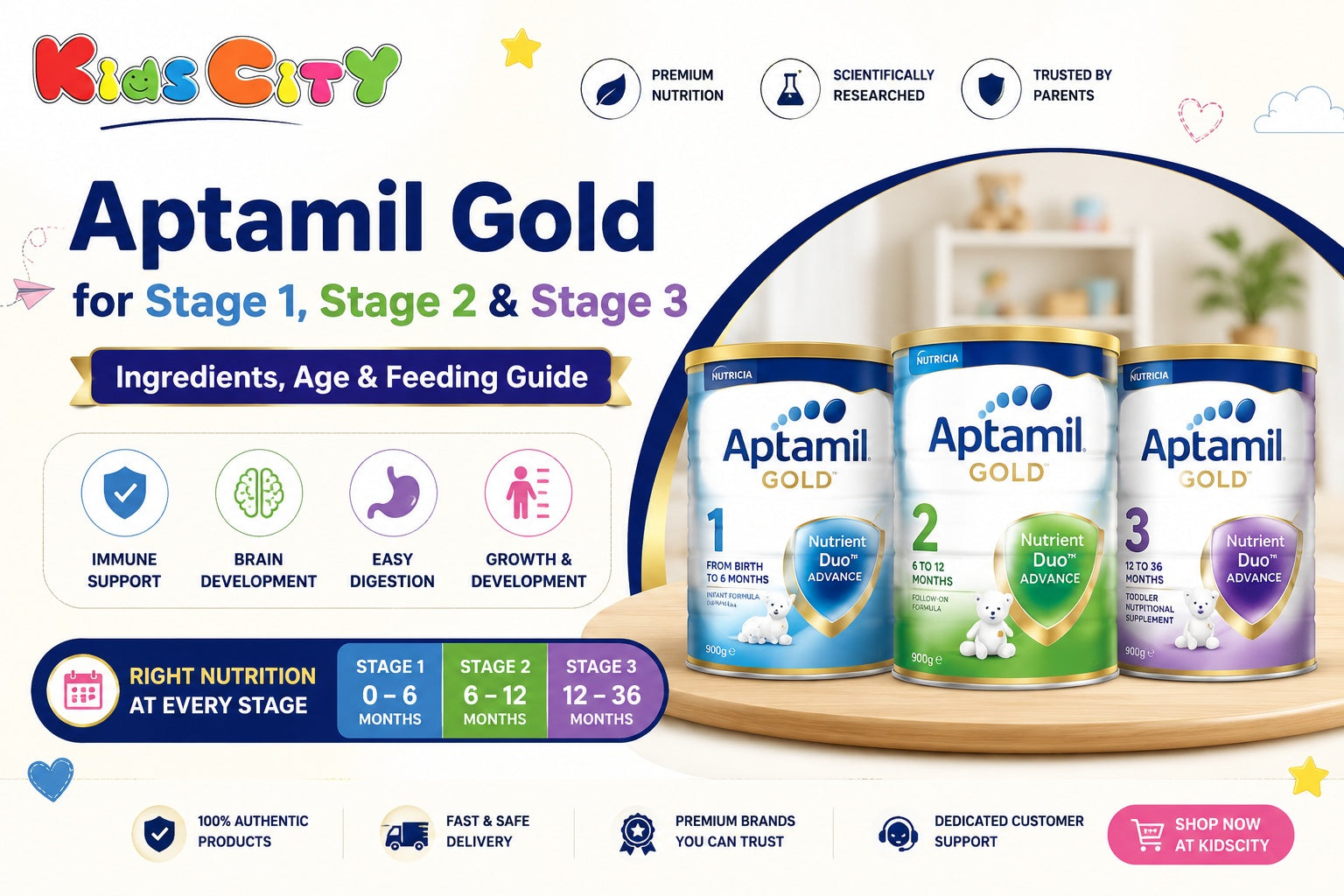 Aptamil Gold for Stage 1, Stage 2 & Stage 3, Ingredients, Age & Feeding