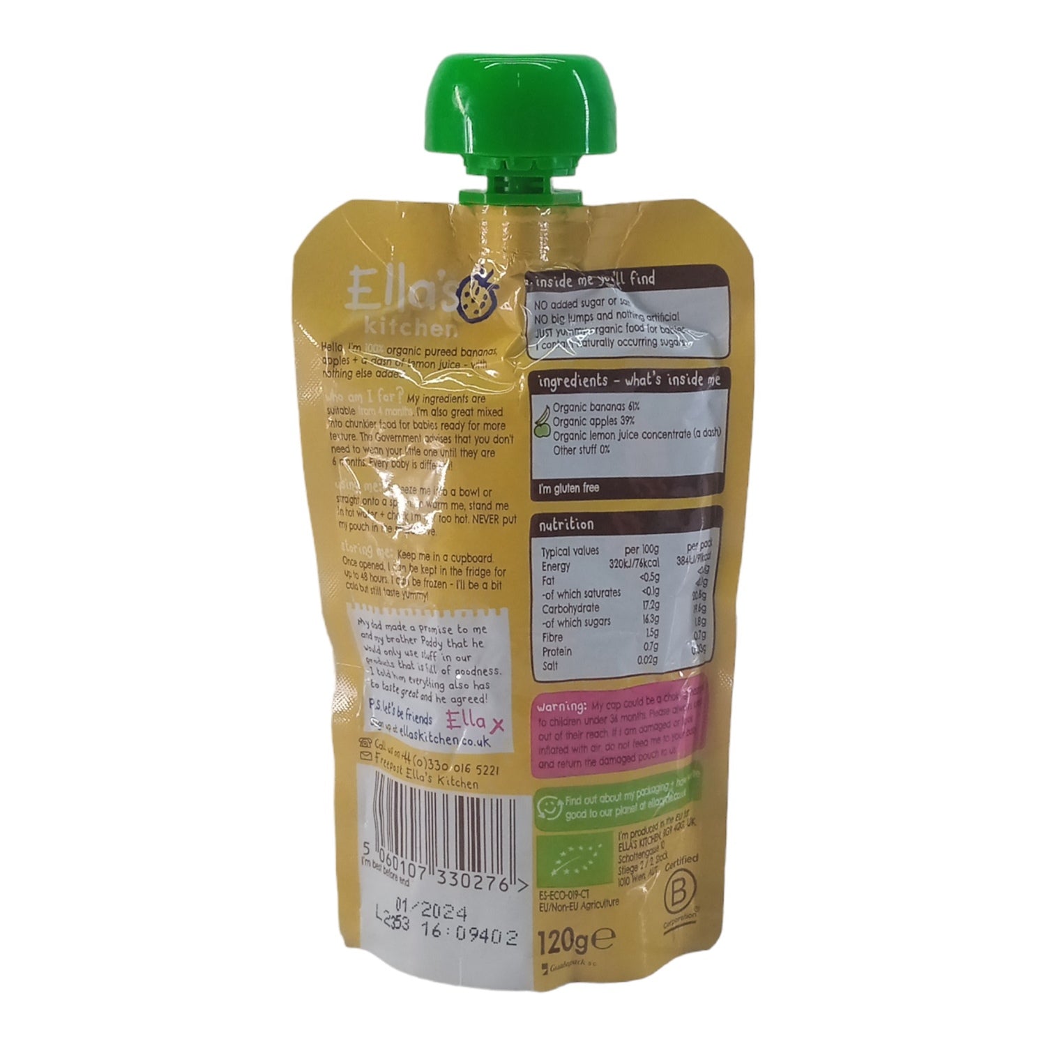 Ellas Kitchen Baby Puree, Bananas + Apples - 120g