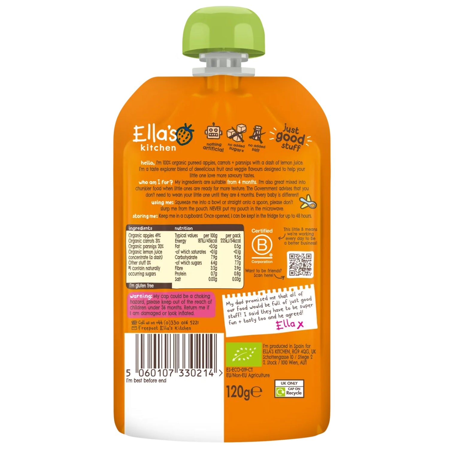 Ellas Kitchen Baby Food Pouch, Apples Carrots + Parsnips (4m+) - 120g