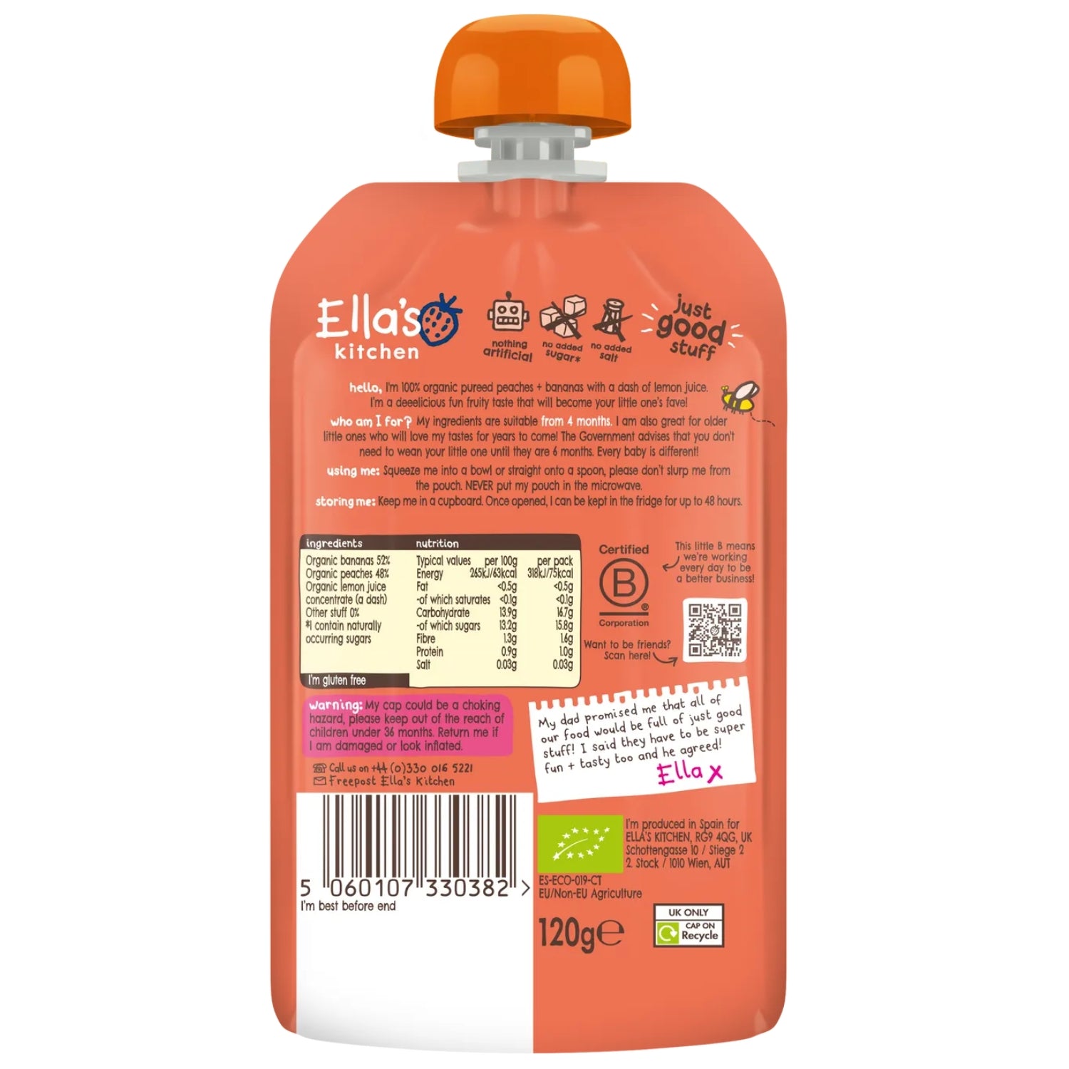 Ellas Kitchen Baby Food Pouch, Peaches + Bananas - 120g