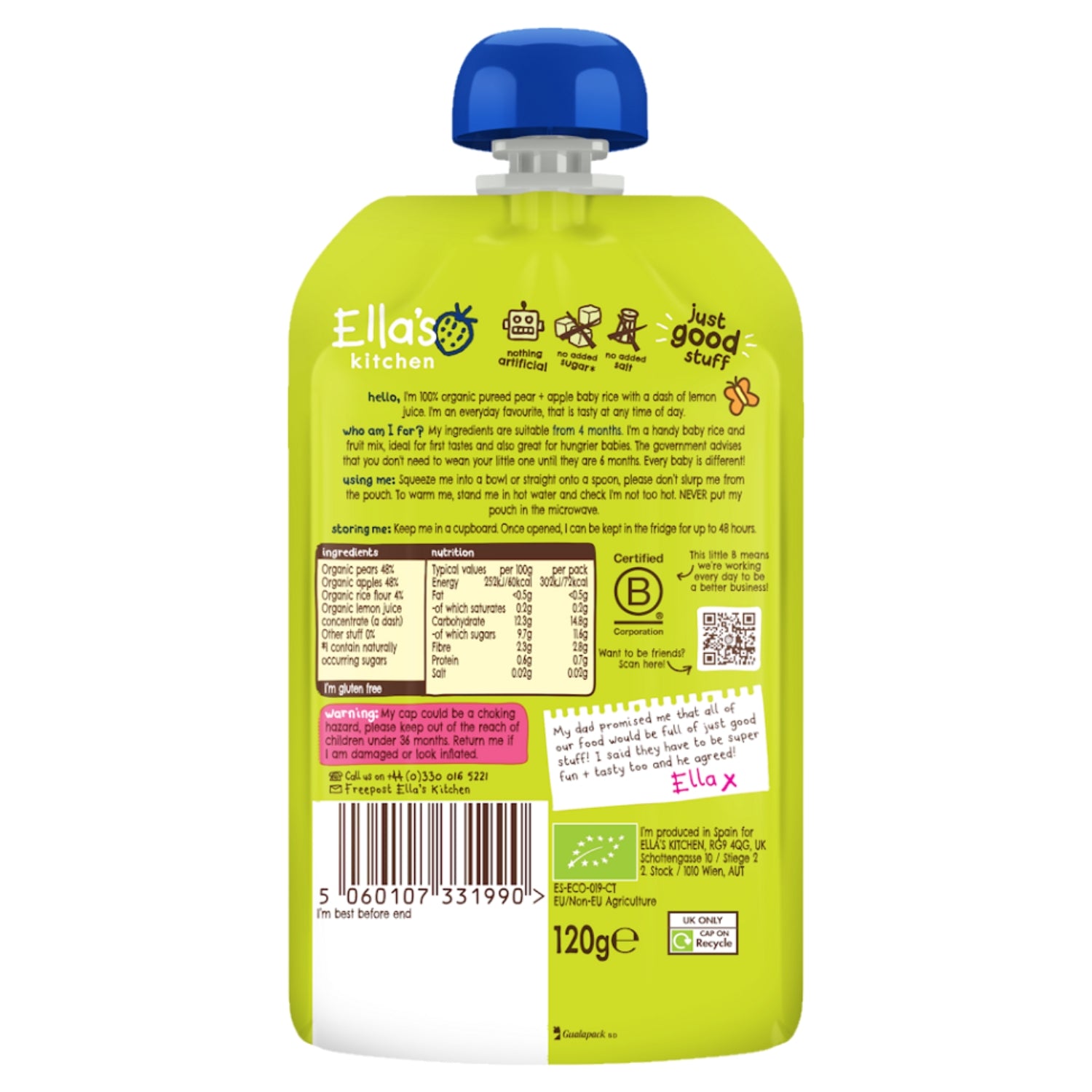 Ellas Kitchen Baby Food Pouch, Pear + Apple Baby Rice - 120g