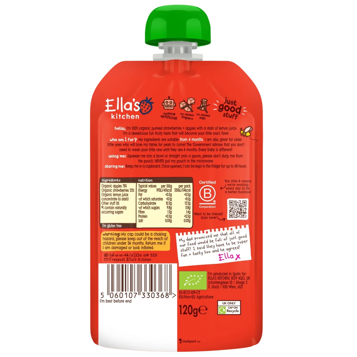 Ellas Kitchen Baby Food Pouch, Strawberries + Apples - 120g