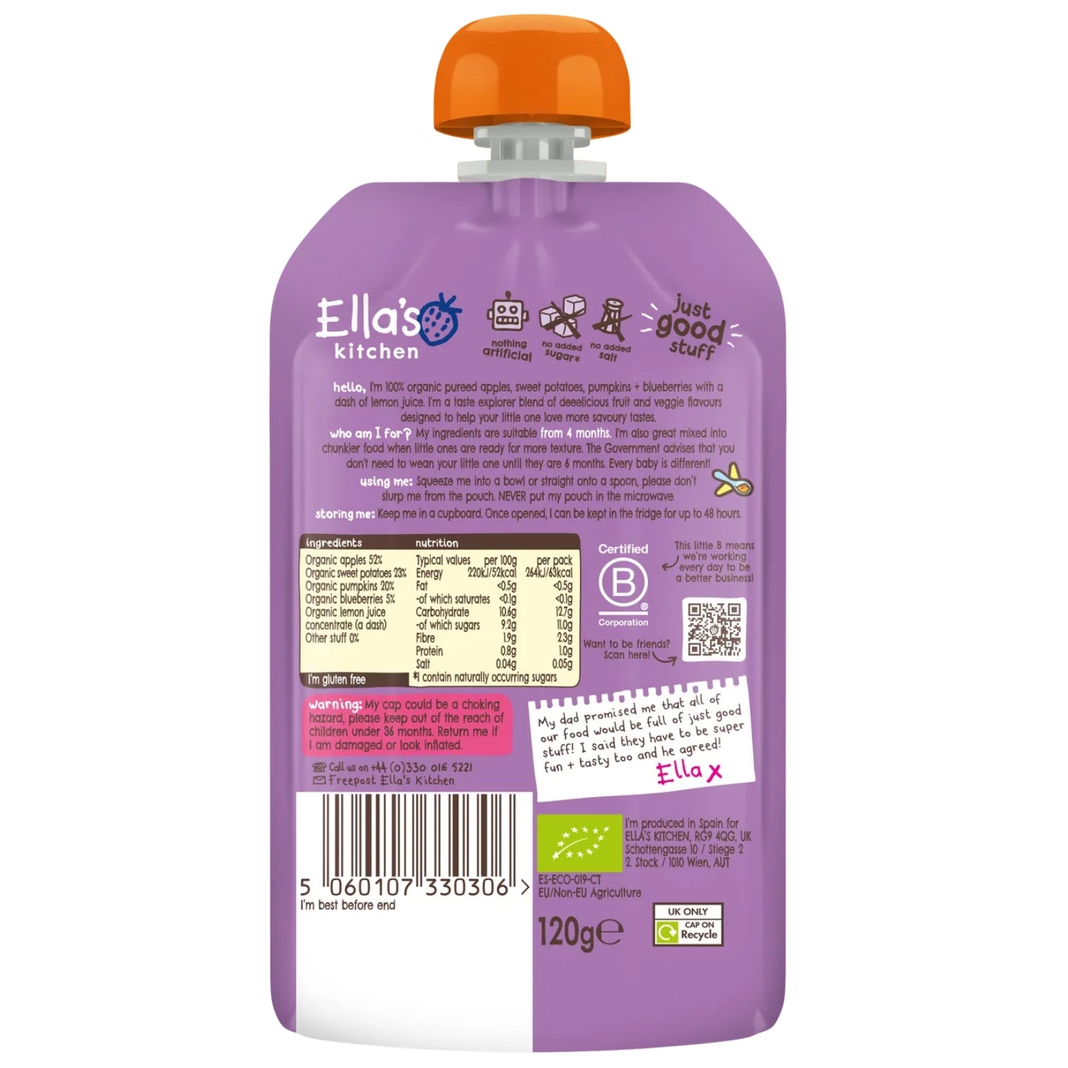 Ellas Kitchen Baby Food Pouch, Sweet Potatoes Pumpkins Apples + Blueberries - 120g