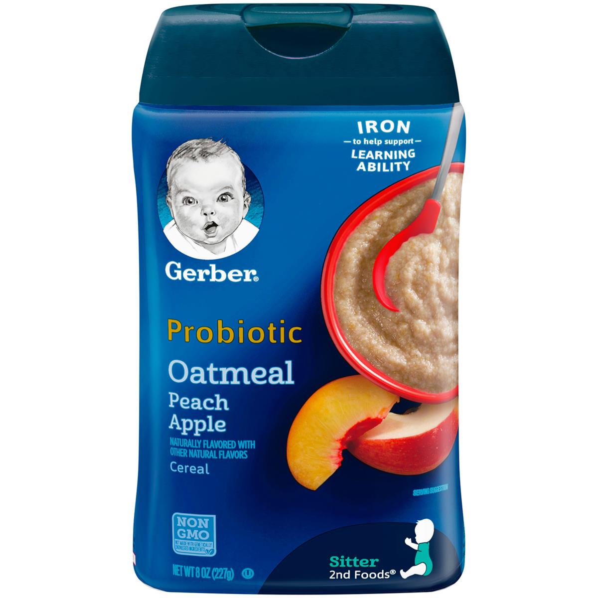 Gerber Cereal for Baby, Probiotic Oatmeal Peach Apple for Sitter