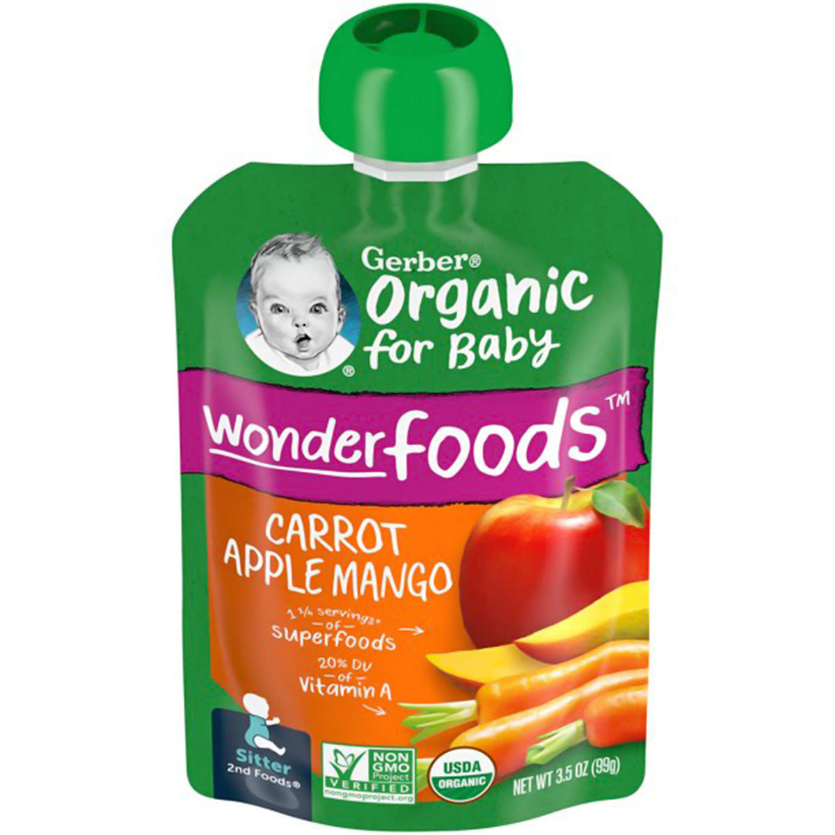 Gerber Organic for Baby, 2nd Foods for Sitter, 99g (3.5oz) - Carrots, Apples & Mangoes