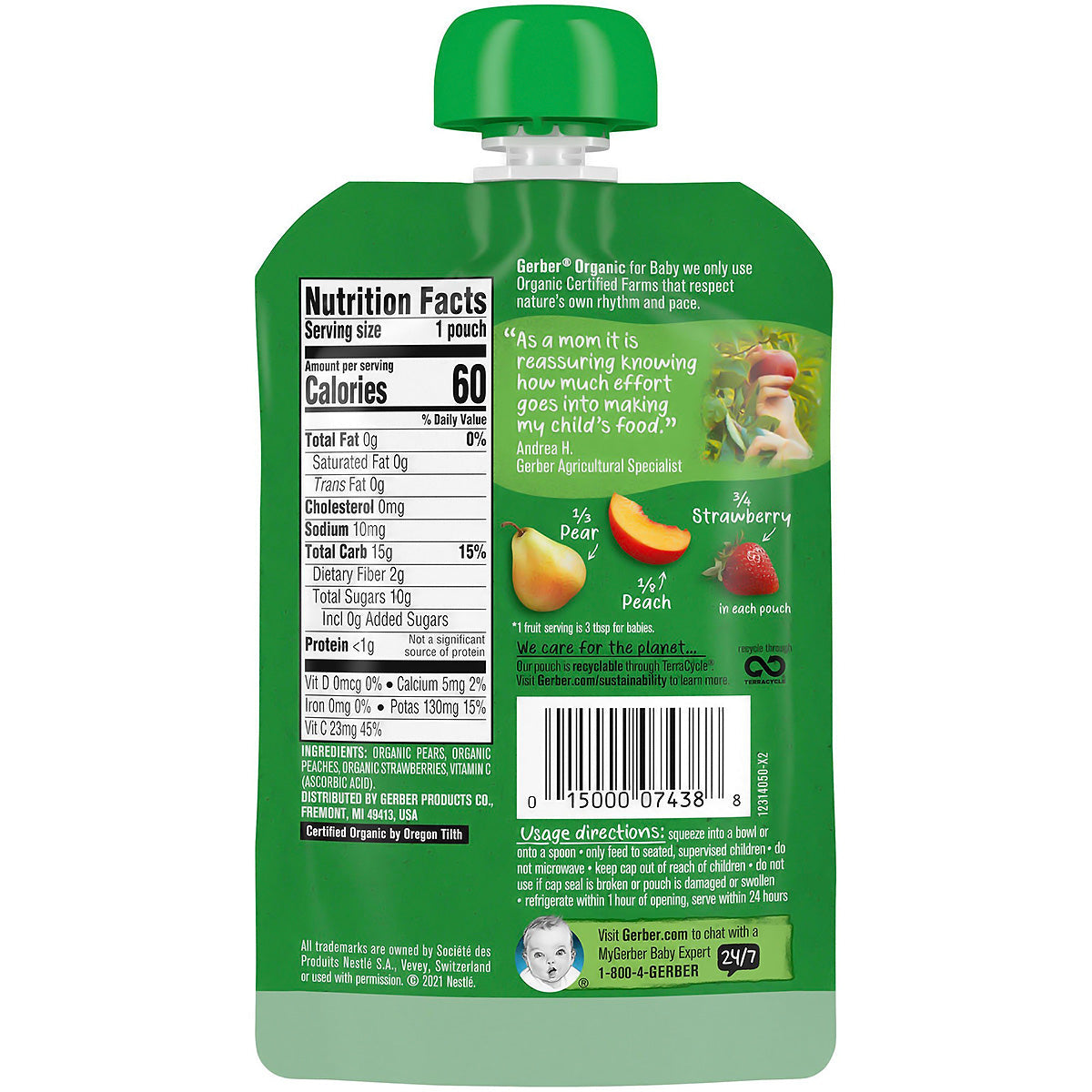 Gerber Organic for Baby, 2nd Foods for Sitter, 99g (3.5oz) - Pears, Peaches & Strawberries