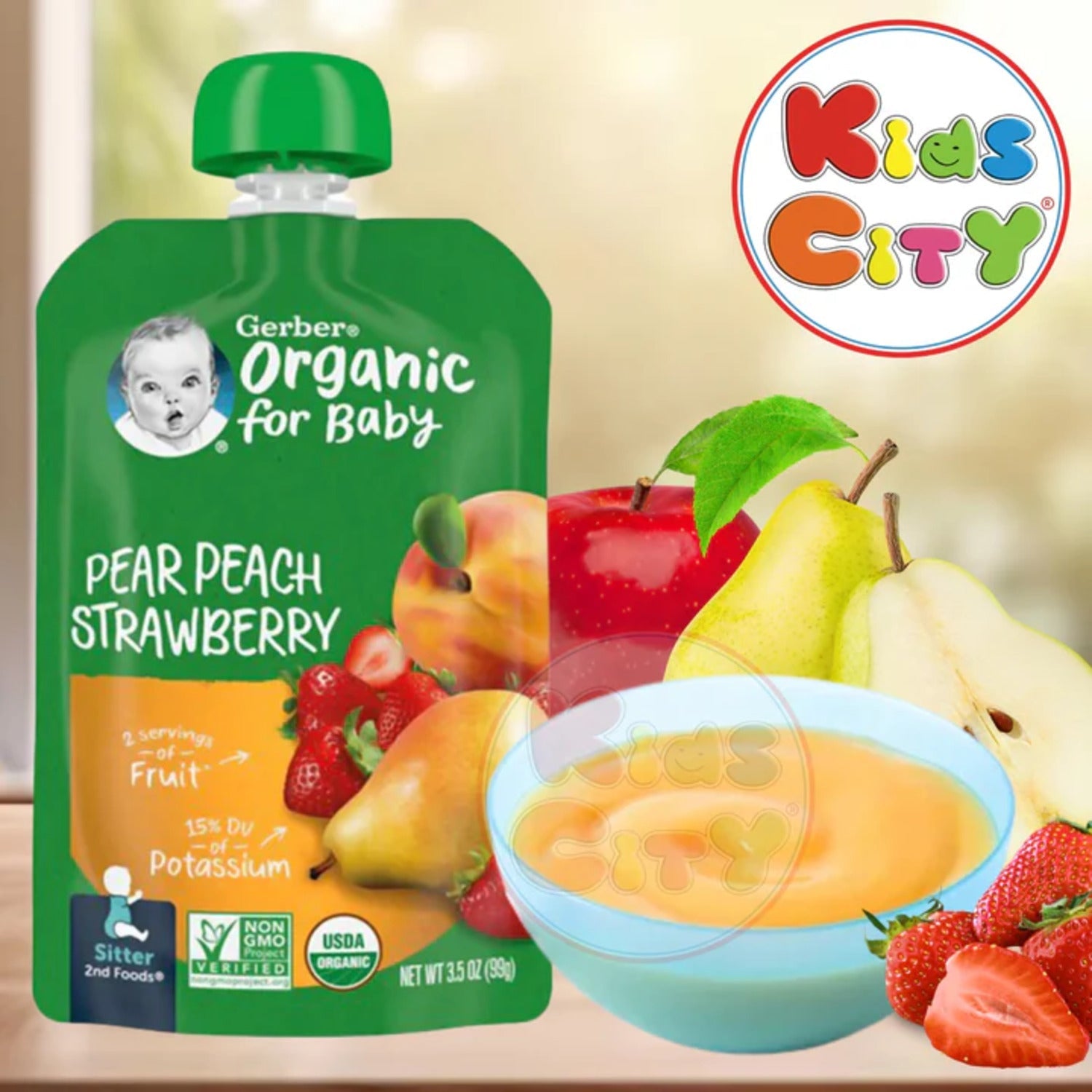 Gerber Organic for Baby, 2nd Foods for Sitter, 99g 3.5oz, Pears, Peaches, Strawberries