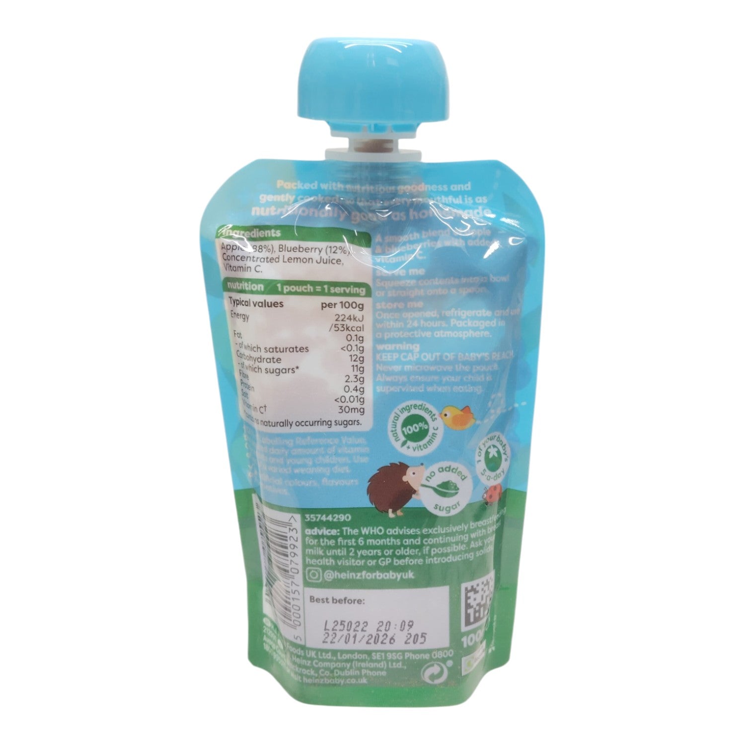 Heinz Baby Food Pouch, Apple & Blueberries - 100g