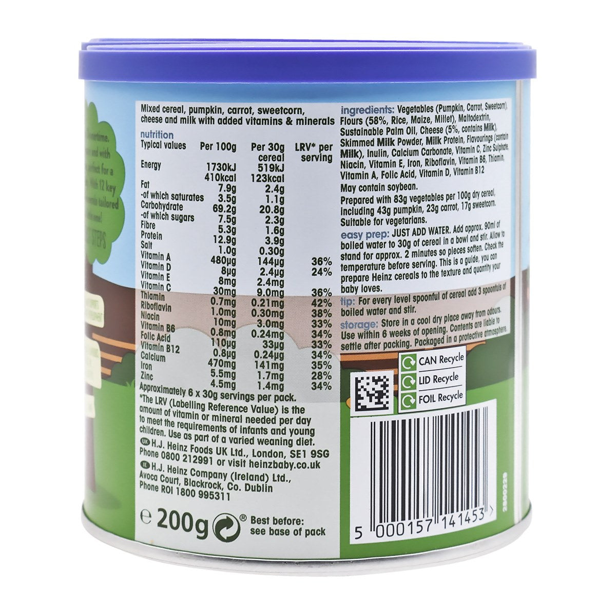 Heinz Baby Cereal, Multigrain with Carrot, Sweetcorn & Cheese (7m+) - 200g