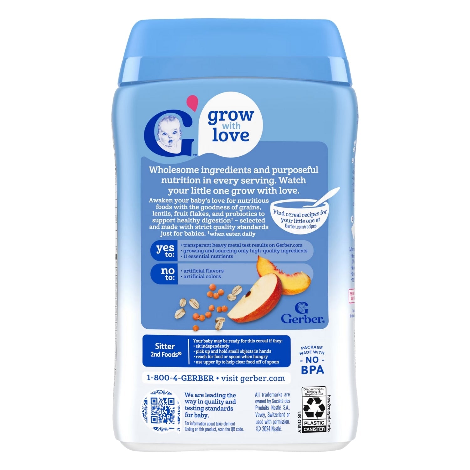 Gerber Cereal for Baby, Powerblend, Probiotic Oatmeal Lentil, Peach & Apple (Sitter) - 227g (8oz)