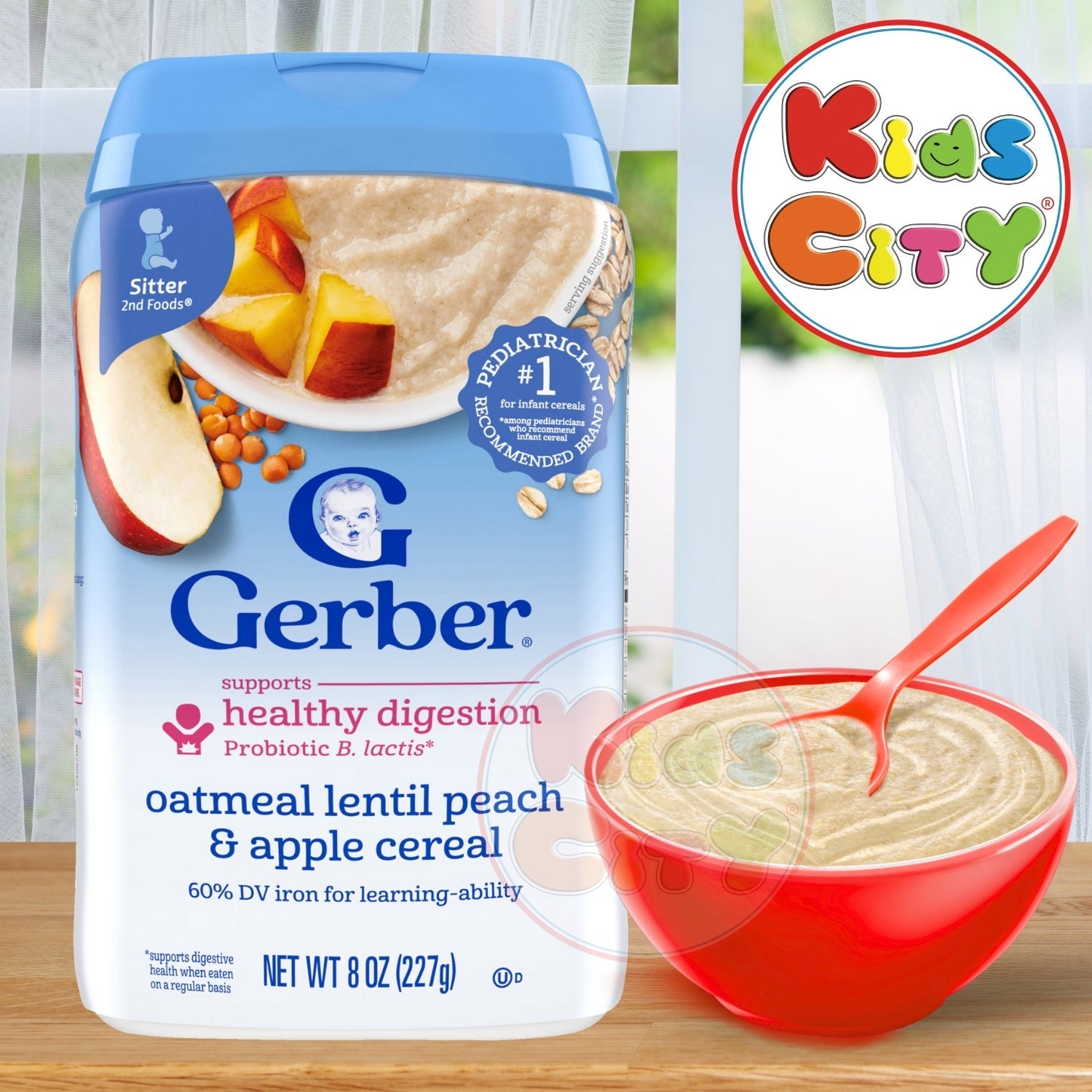 Gerber Cereal for Baby, Powerblend, Probiotic Oatmeal Lentil, Peach & Apple (Sitter) - 227g (8oz)