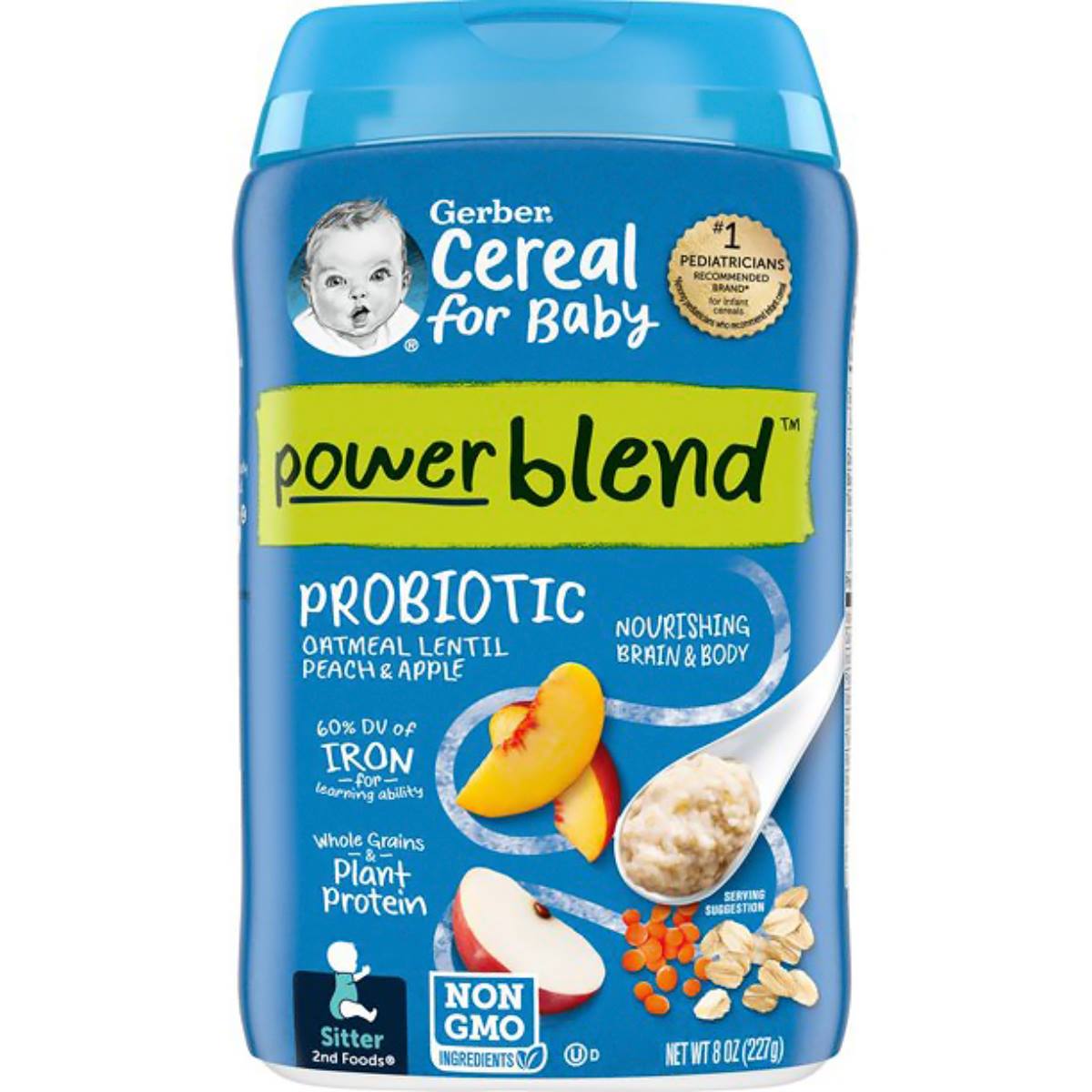 Gerber Cereal for Baby, Powerblend, Probiotic Oatmeal Lentil, Peach & Apple - 227g (8oz)
