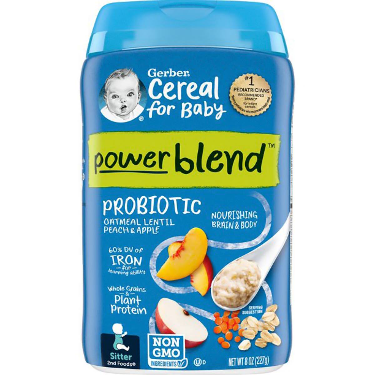 Gerber Cereal for Baby, Powerblend, Probiotic Oatmeal Lentil, Peach & Apple (Sitter) - 227g (8oz)