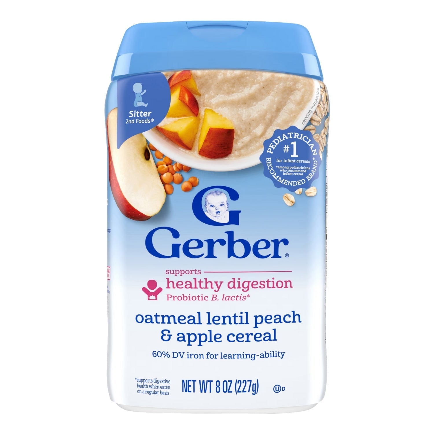 Gerber Cereal for Baby, Powerblend, Probiotic Oatmeal Lentil, Peach & Apple (Sitter) - 227g (8oz)