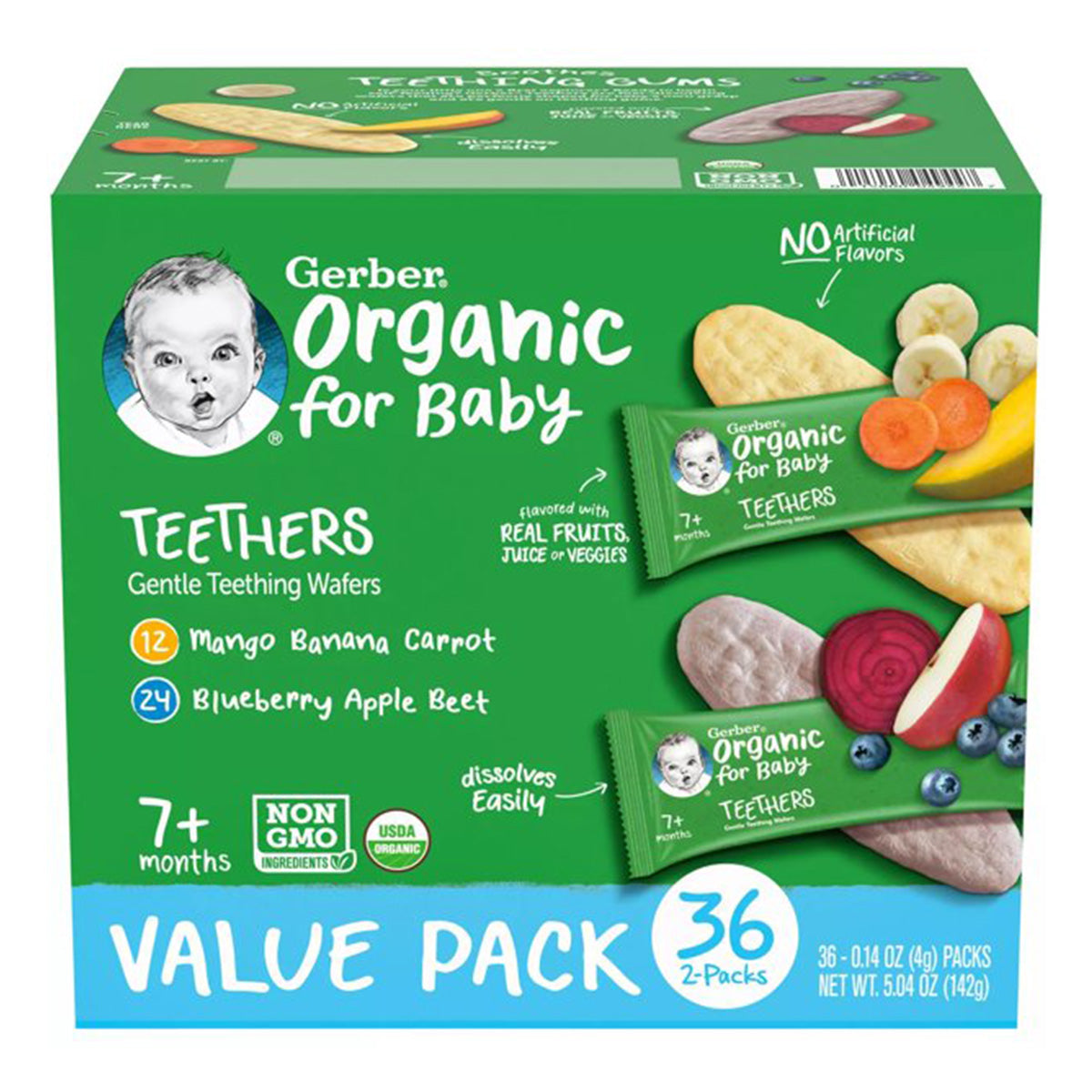 Gerber Organic for Baby, Teethers, Gentle Teething Wafers, Mango Banana Carrot, Blueberry Apple Beet Pack of 36, 142g