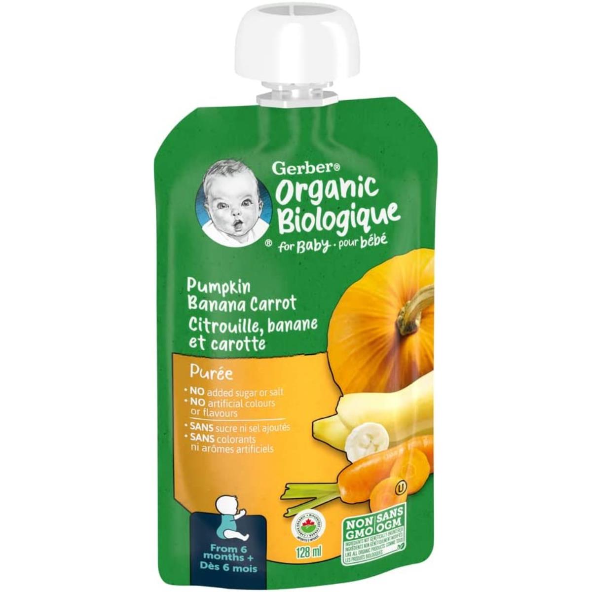 Gerber Organic Biologique for Baby, 2nd Foods for Sitter, 128ml - Pumpkin Banana Carrot