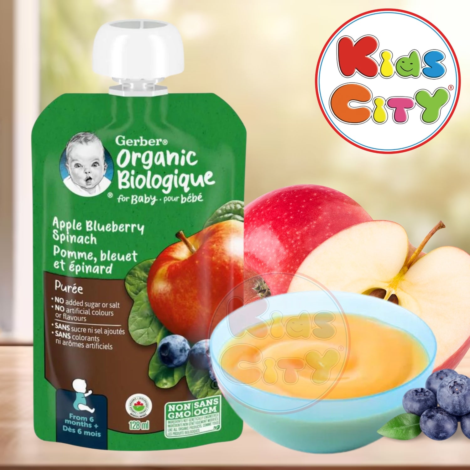Gerber Organic Biologique for Baby, 2nd Foods for Sitter, 128ml, Apple Blueberry Spinach
