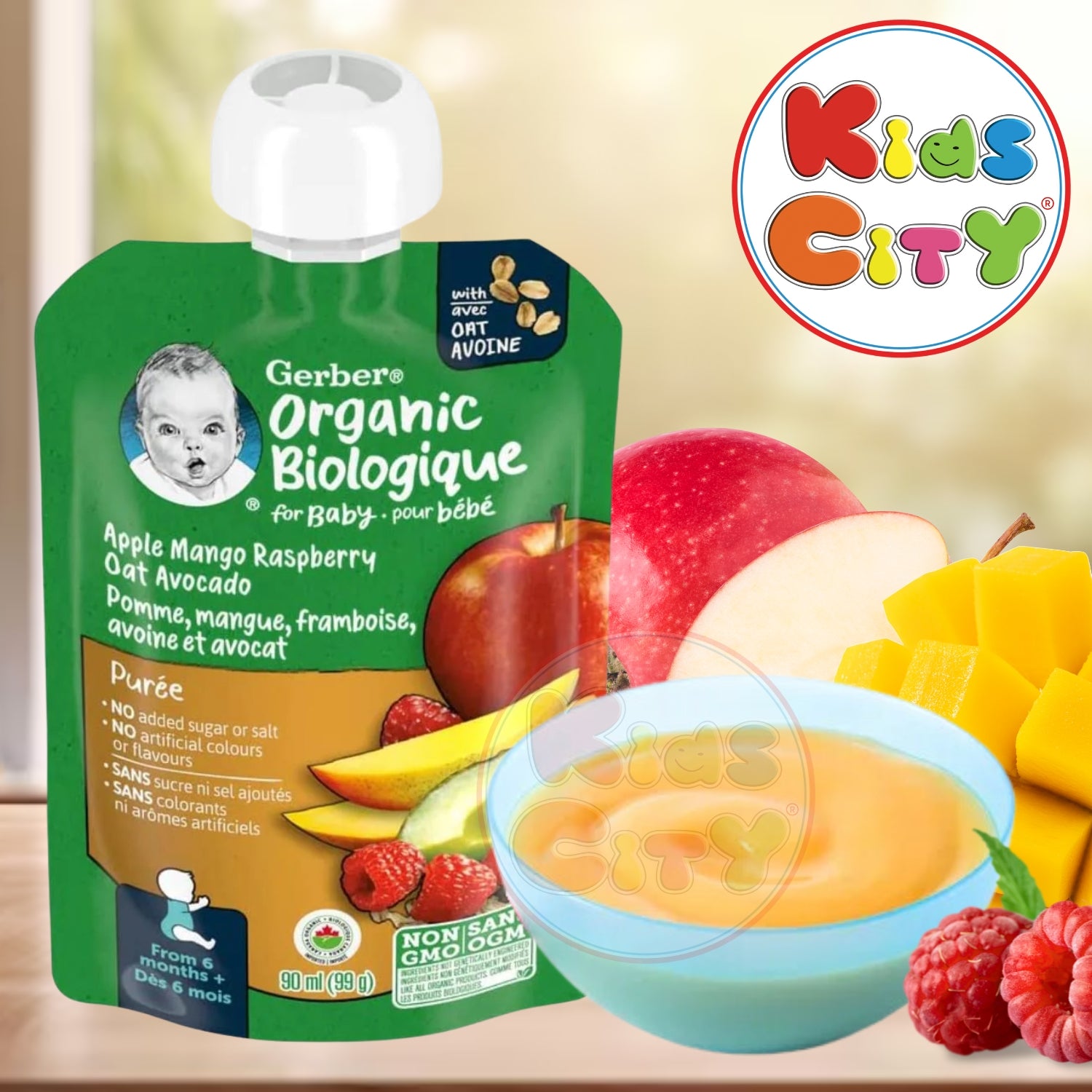 Gerber Organic Biologique for Baby, 2nd Foods for Sitter, 90ml 99g, Apple Mango Rasberry Oat Avocado