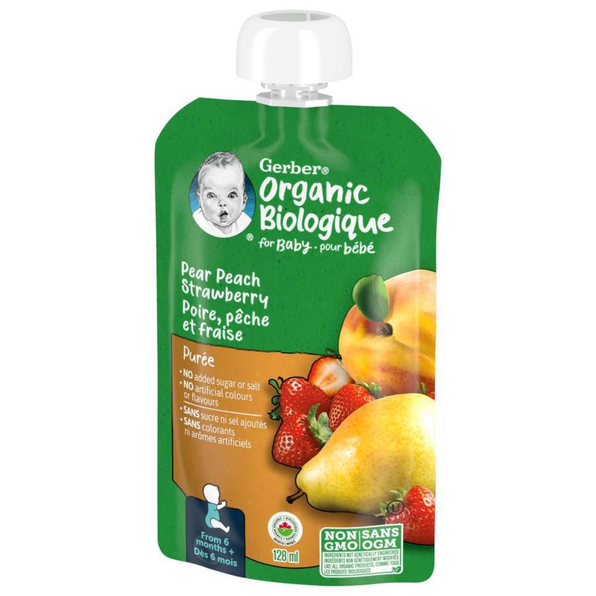 Gerber Organic Biologique for Baby, 2nd Foods for Sitter, 128ml - Pear Peach Strawberry