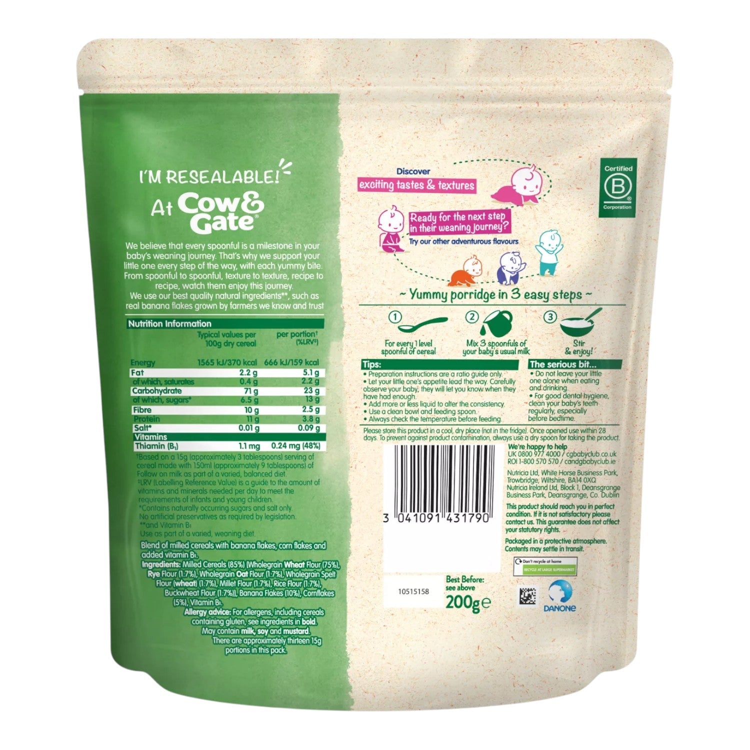 Cow & Gate Wholegrain Porridge with Buckwheat, Banana (7m+) 200g (Pack of 1)