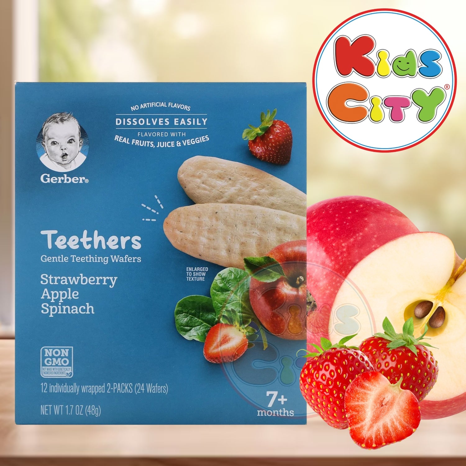 Gerber Snacks for Baby, Teethers Gentle Teething Wafers, Strawberry, Apple and Spinach - 48g