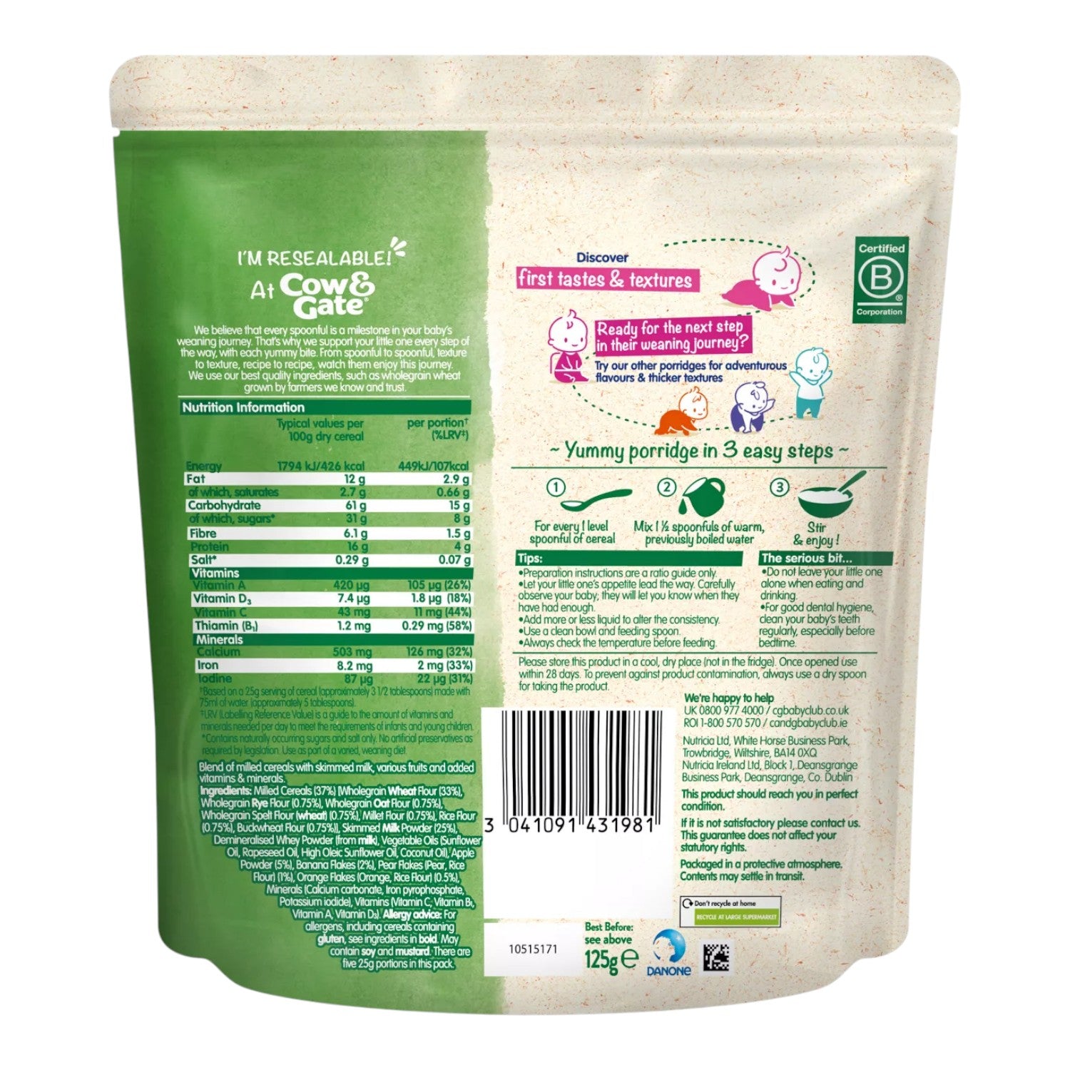 Cow & Gate Fruity Wholegrain Porridge (6m+) 125g (Pack of 1)