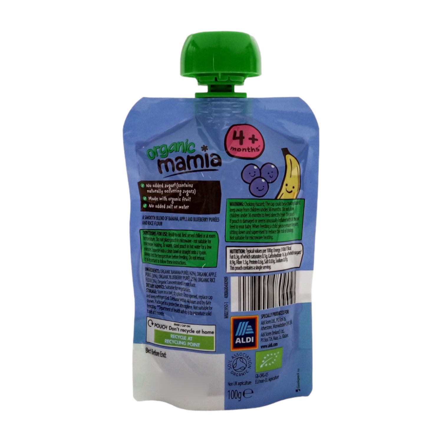 Organic Mamia Baby Puree, Bananas & Blueberry baby Rice (4m+) - 120g