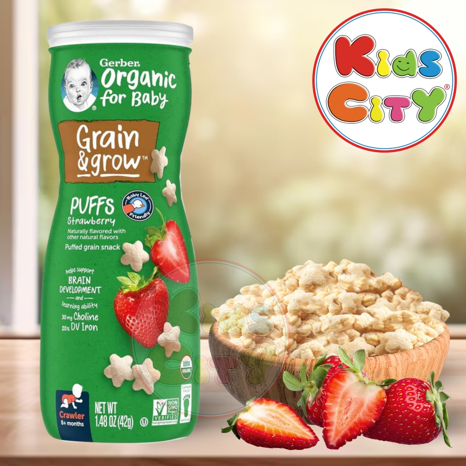 Gerber Organic for Baby, Grow & Grain Puffs for Crawler (1.48oz) - Strawberry