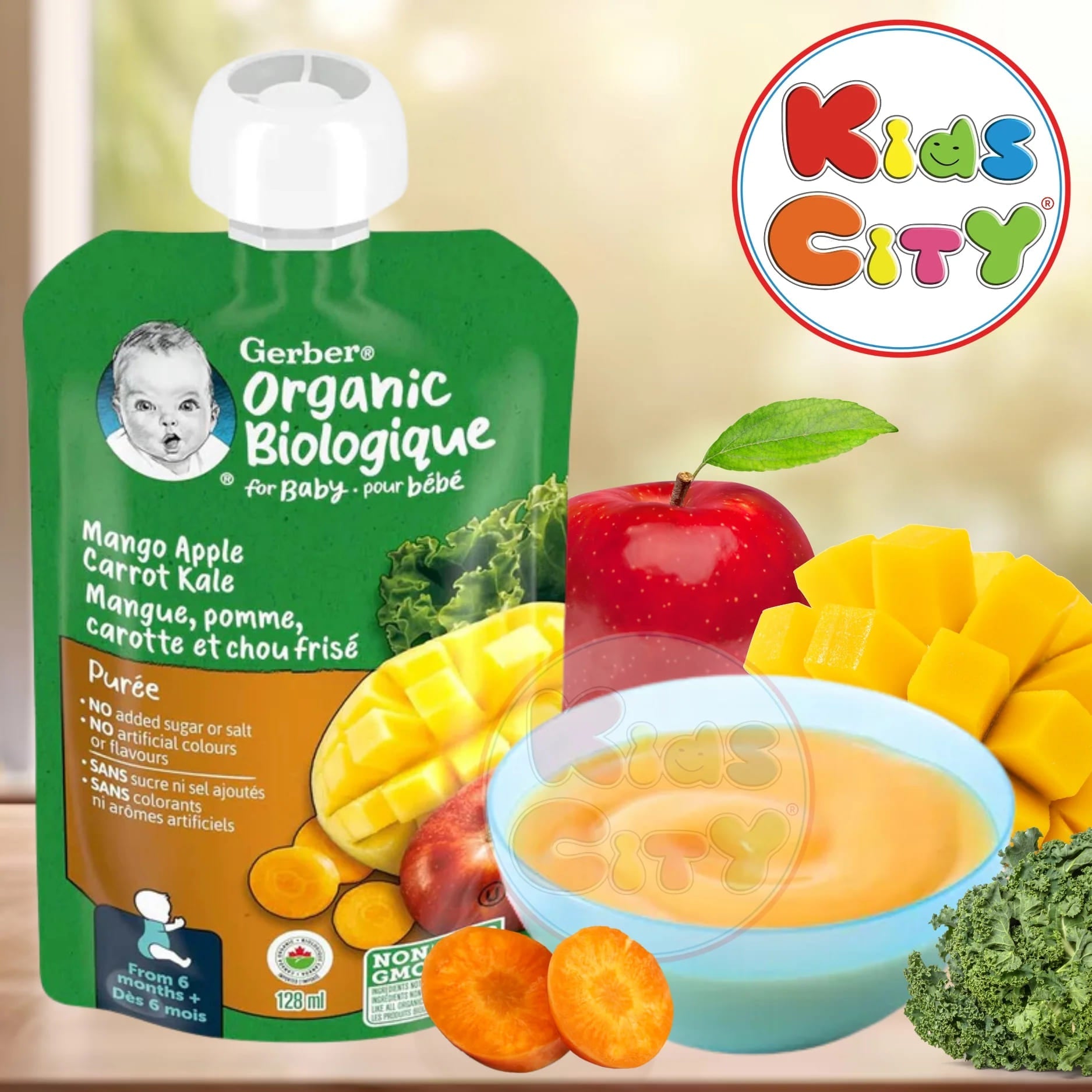 Gerber Organic Biologique for Baby, 2nd Foods for Sitter, 128ml - Mango Apple Carrot Kale