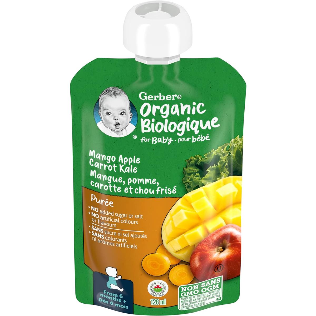 Gerber Organic Biologique for Baby, 2nd Foods for Sitter, 128ml - Mango Apple Carrot Kale