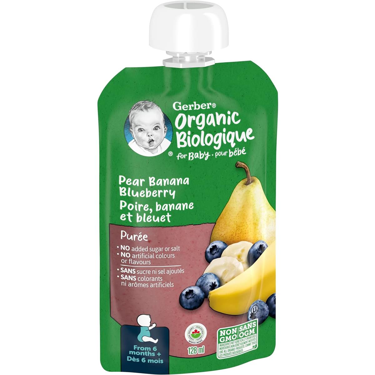 Gerber Organic Biologique for Baby, 2nd Foods for Sitter, 128ml - Pear Banana Blueberry