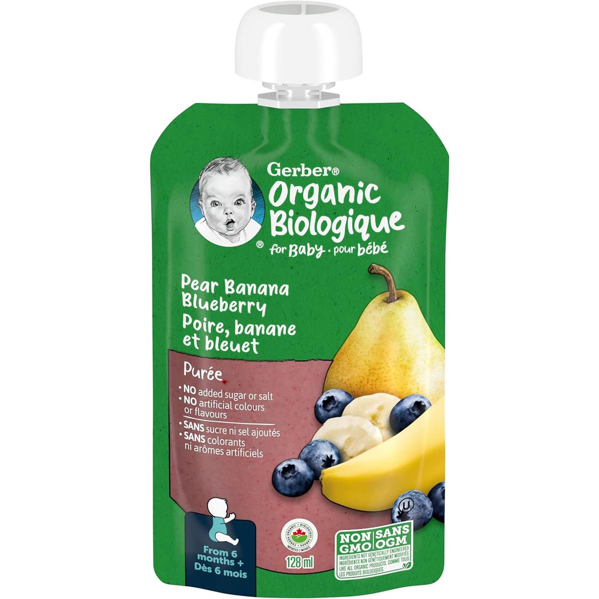 Gerber Organic Biologique for Baby, 2nd Foods for Sitter, 128ml - Pear Banana Blueberry