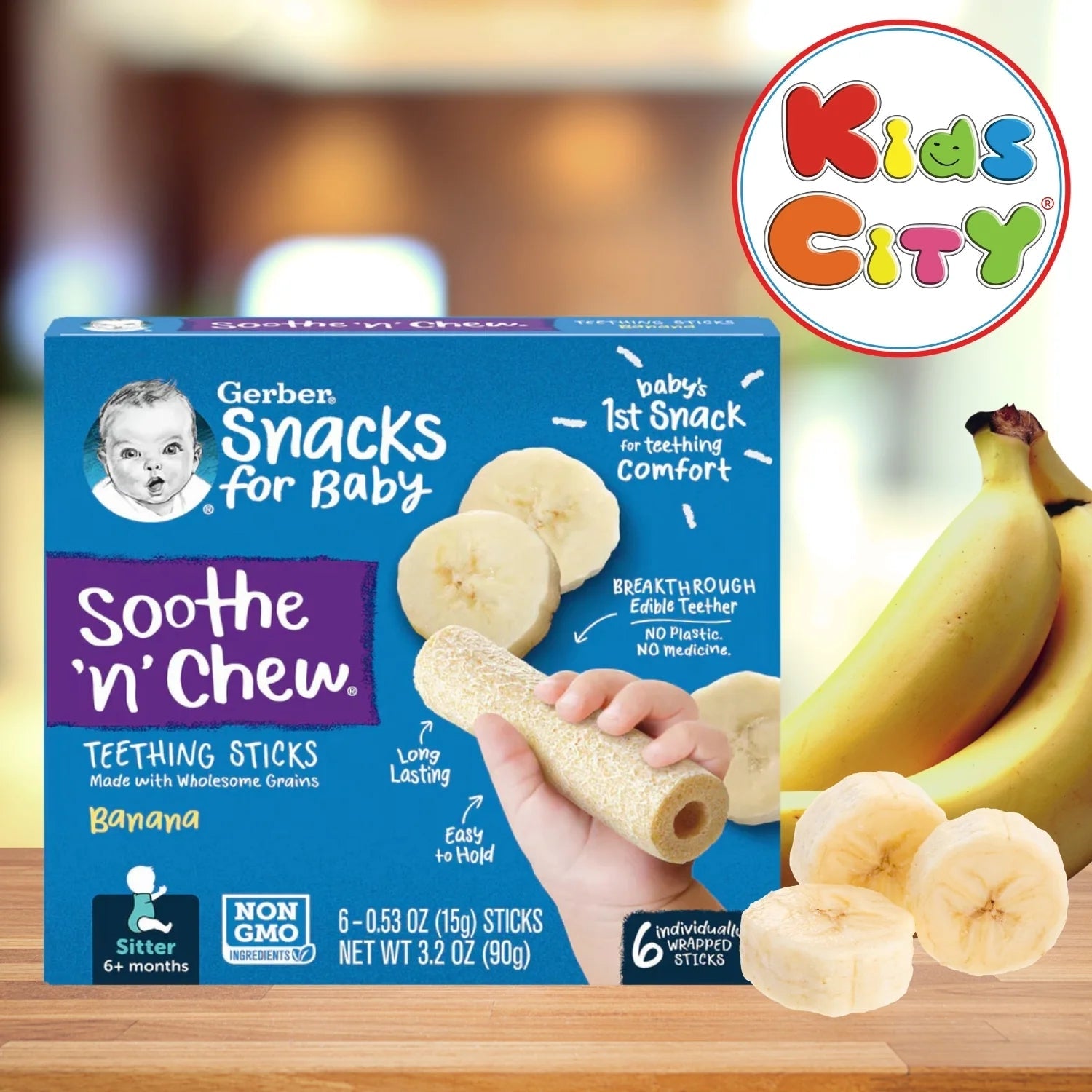 Gerber Snacks for Baby, Soothe, Chew, Teething Sticks, Banana, 90g 6x15g