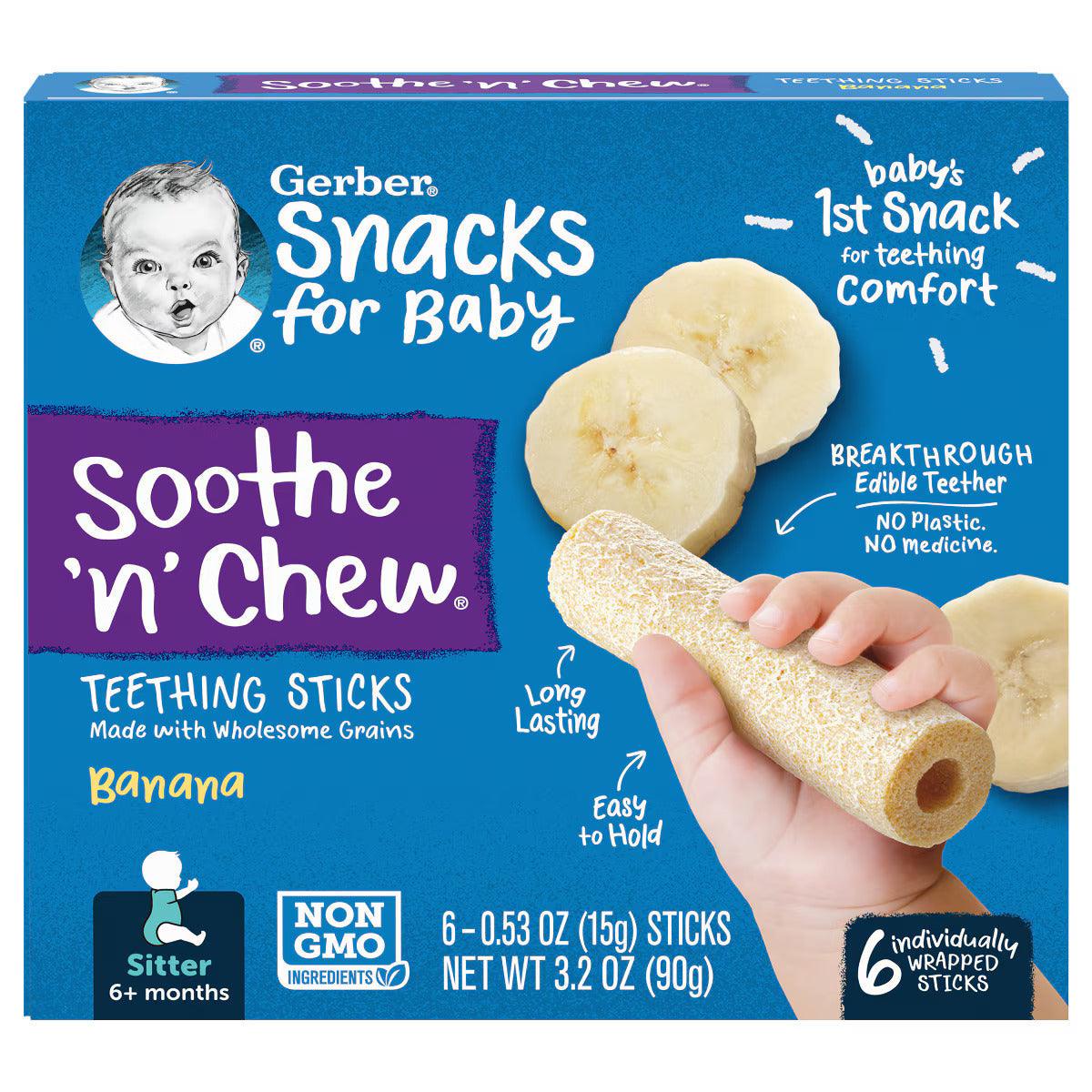 Gerber Snacks for Baby, Soothe & Chew, Teething Sticks, Banana - 90g