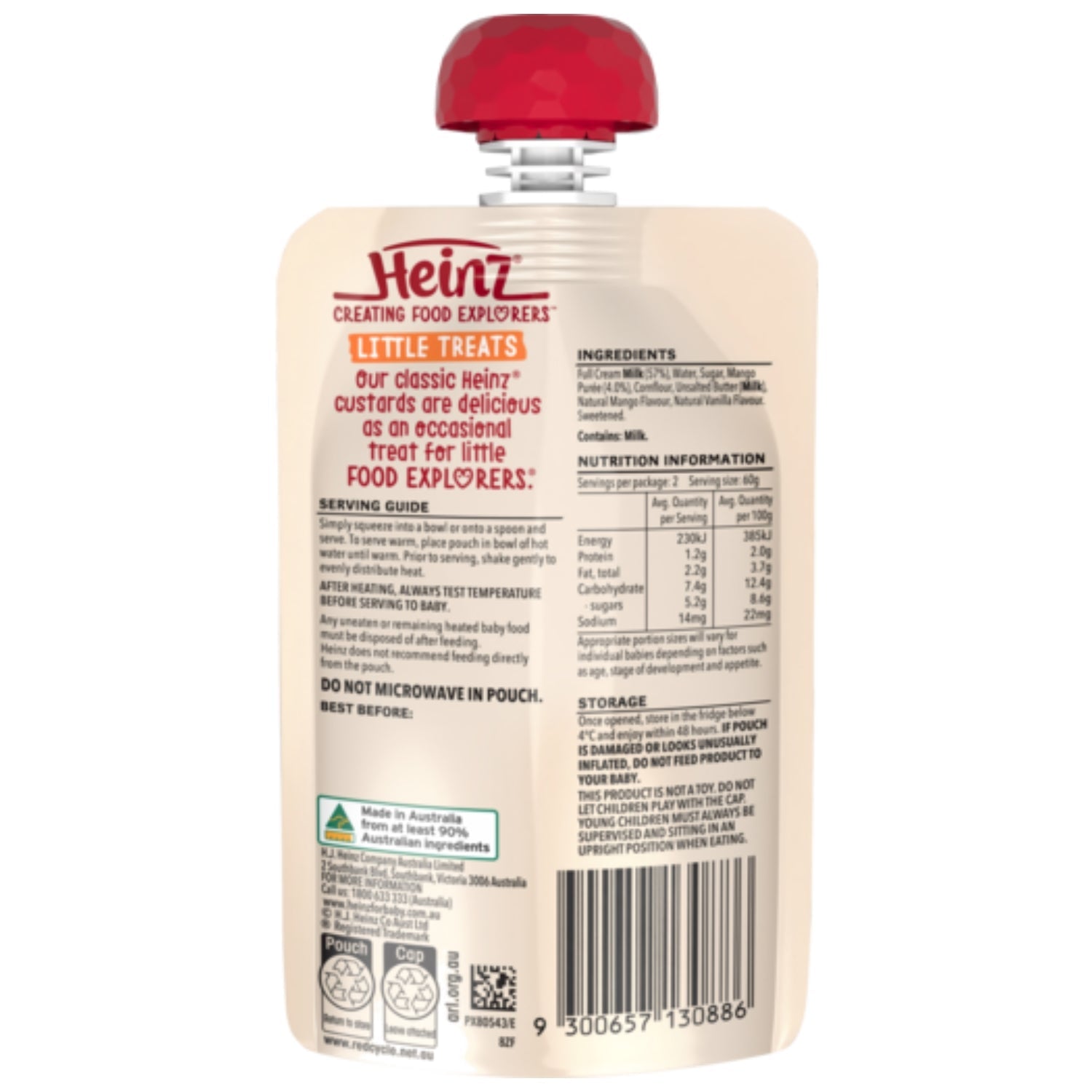 Heinz Baby Food Pouch, Little Treats, Mango & Vanilla Custard - 120g