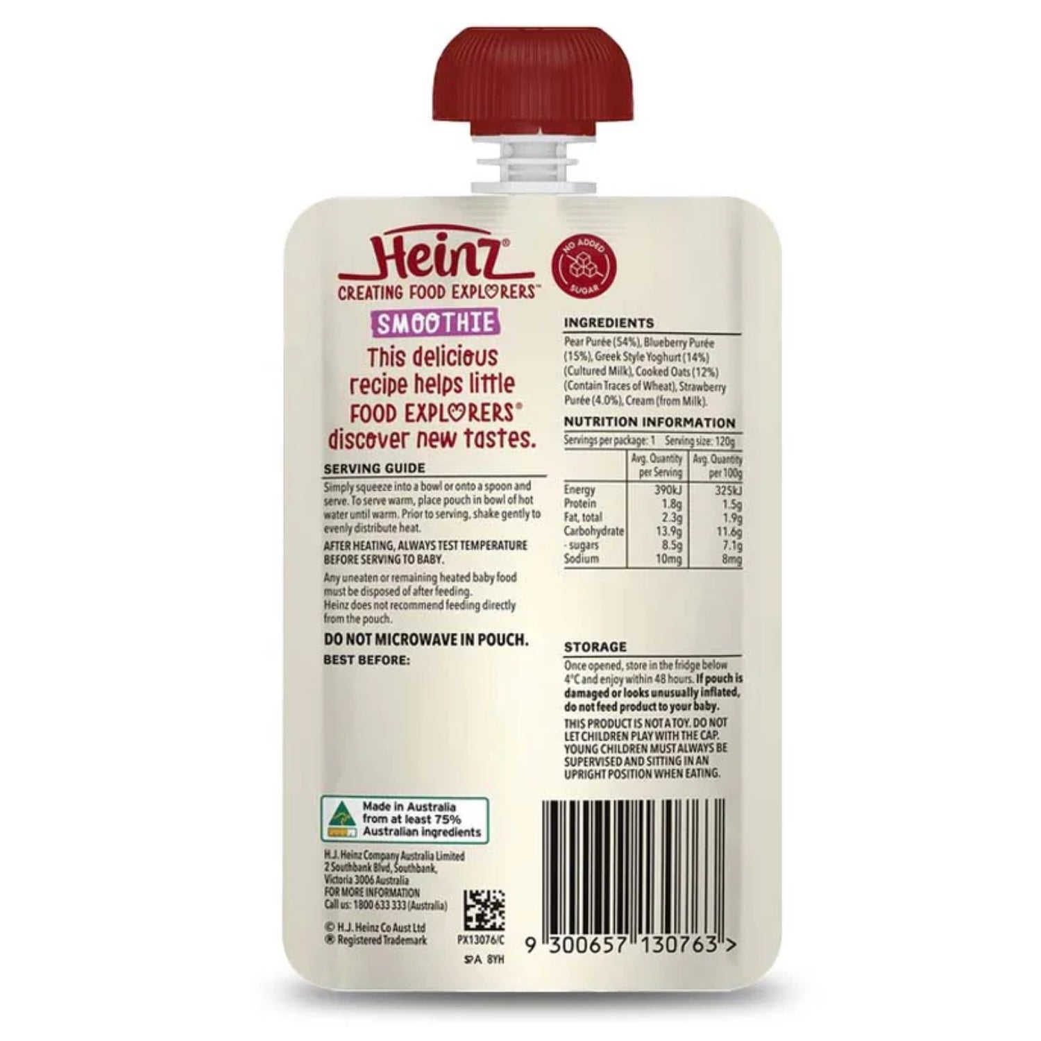 Heinz Baby Food Pouch, Smoothie Pear Berry & Oat + Greek style Yoghurt - 120g