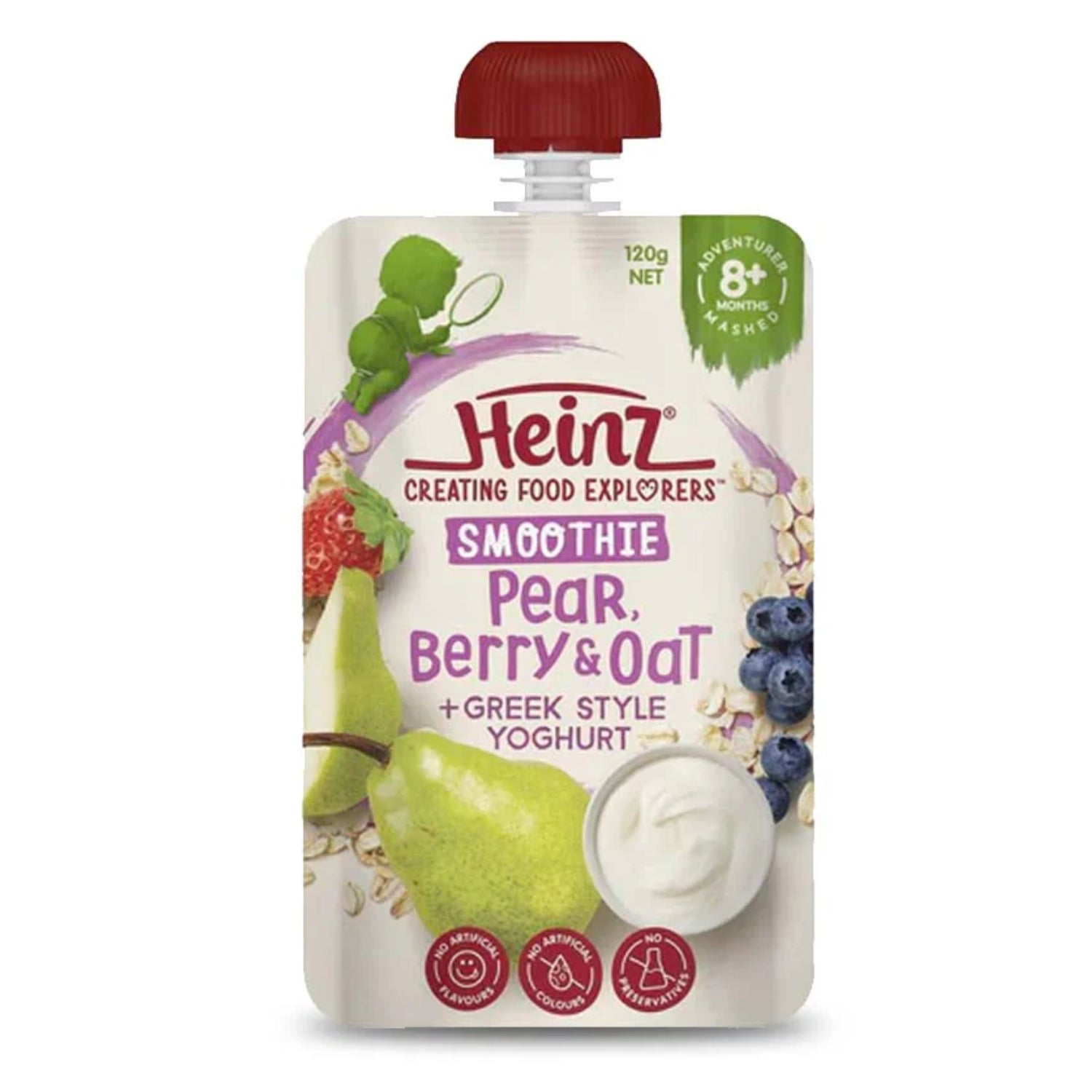 Heinz Baby Food Pouch, Smoothie Pear Berry & Oat + Greek style Yoghurt - 120g