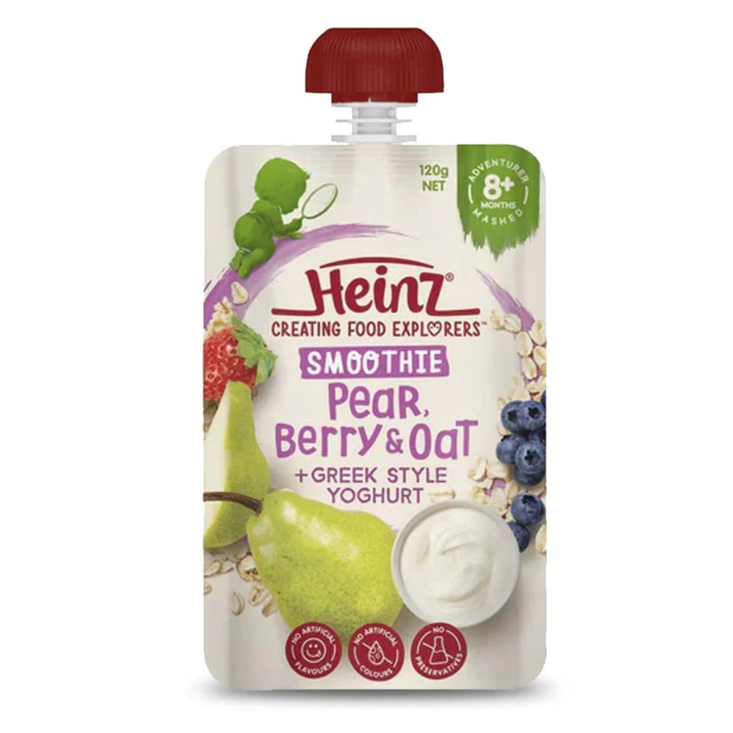 Heinz Baby Puree, Creating Food Explorers, Smoothie Pear Berry & Oat + Greek style Yoghurt - 120g