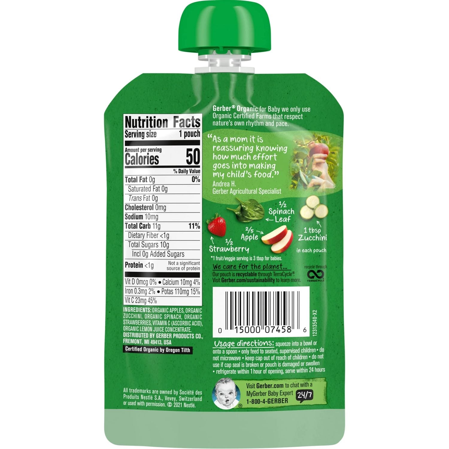 Gerber Organic for Baby, 2nd Foods for Sitter, 99g (3.5oz) - Apple Zucchini Spinach Strawberry