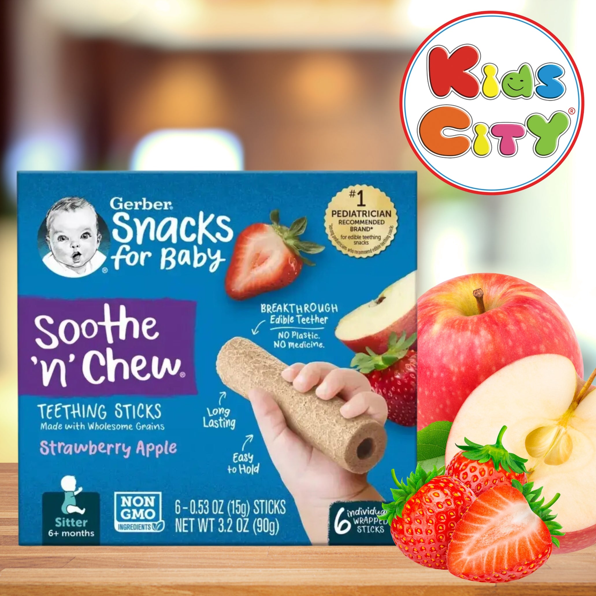 Gerber Soothe & Chew, Teething Sticks, Strawberry Apple- 90g (6x15g)