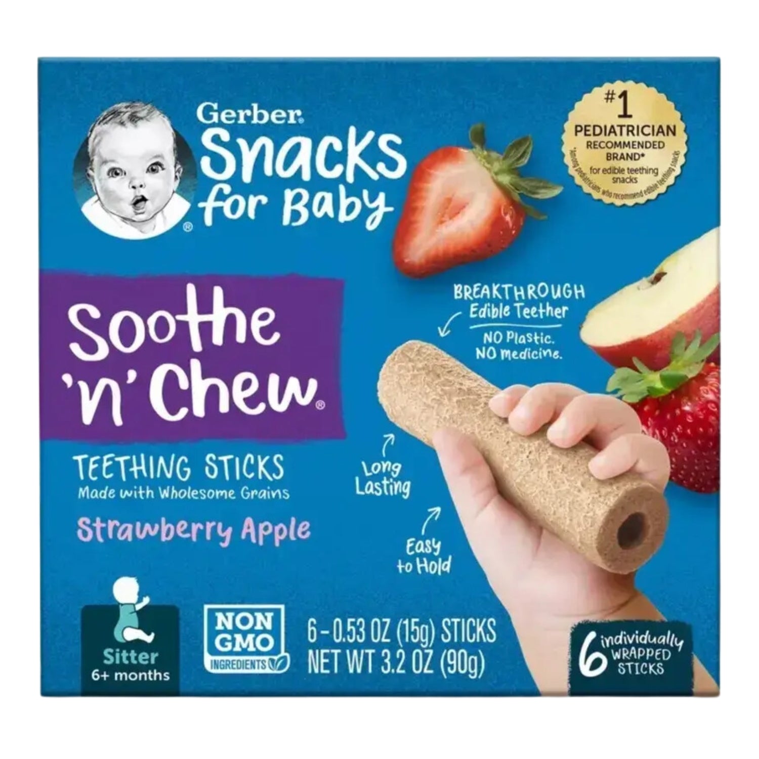 Gerber Soothe & Chew, Teething Sticks, Strawberry Apple- 90g (6x15g)