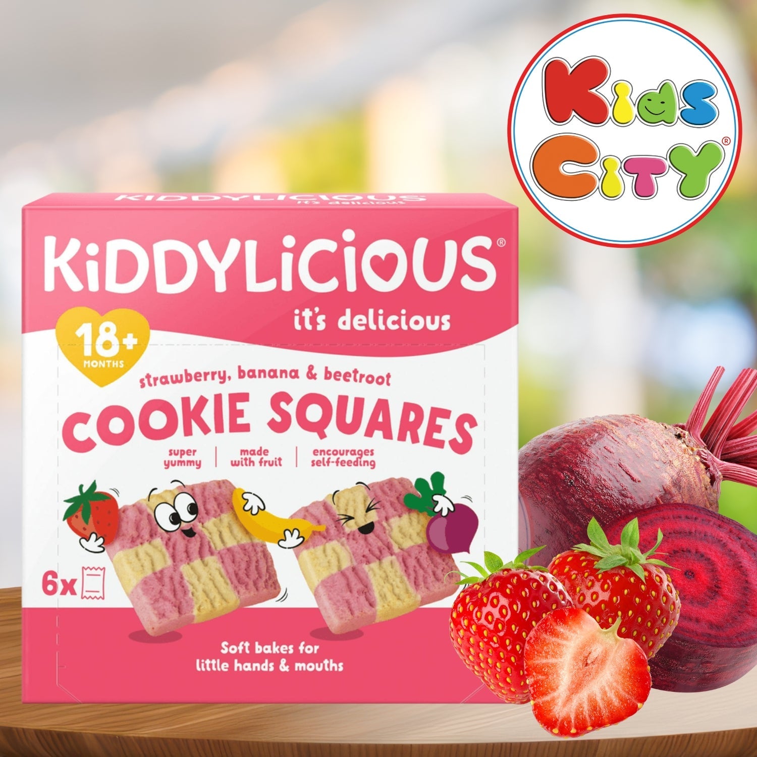 Kiddylicious Cookie Squares,Strawberry, Banana, Beetroot 18m, 144g 6x24g