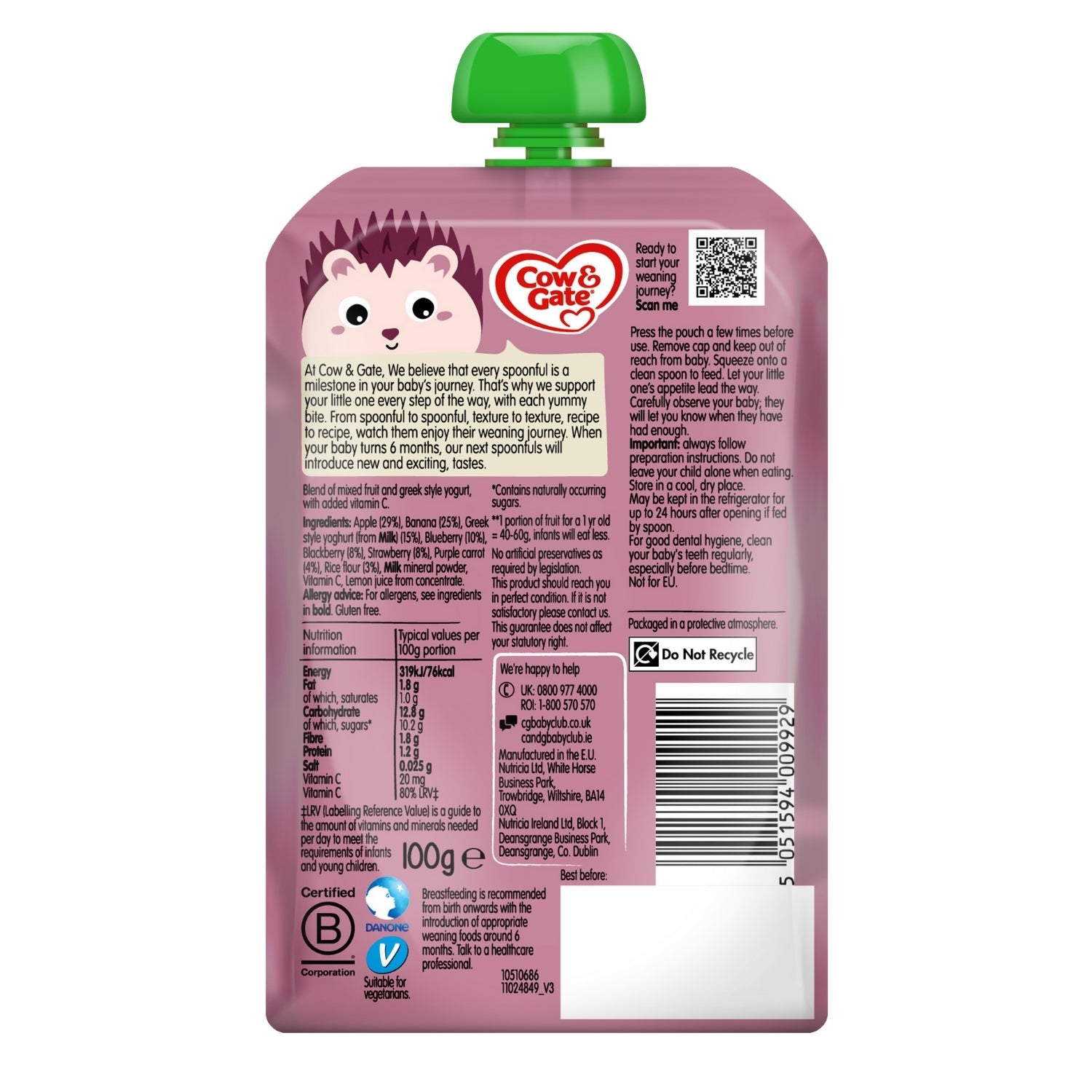 Cow & Gate Baby Food Pouch, Forest Fruit Smoothie (4m+) - 100g