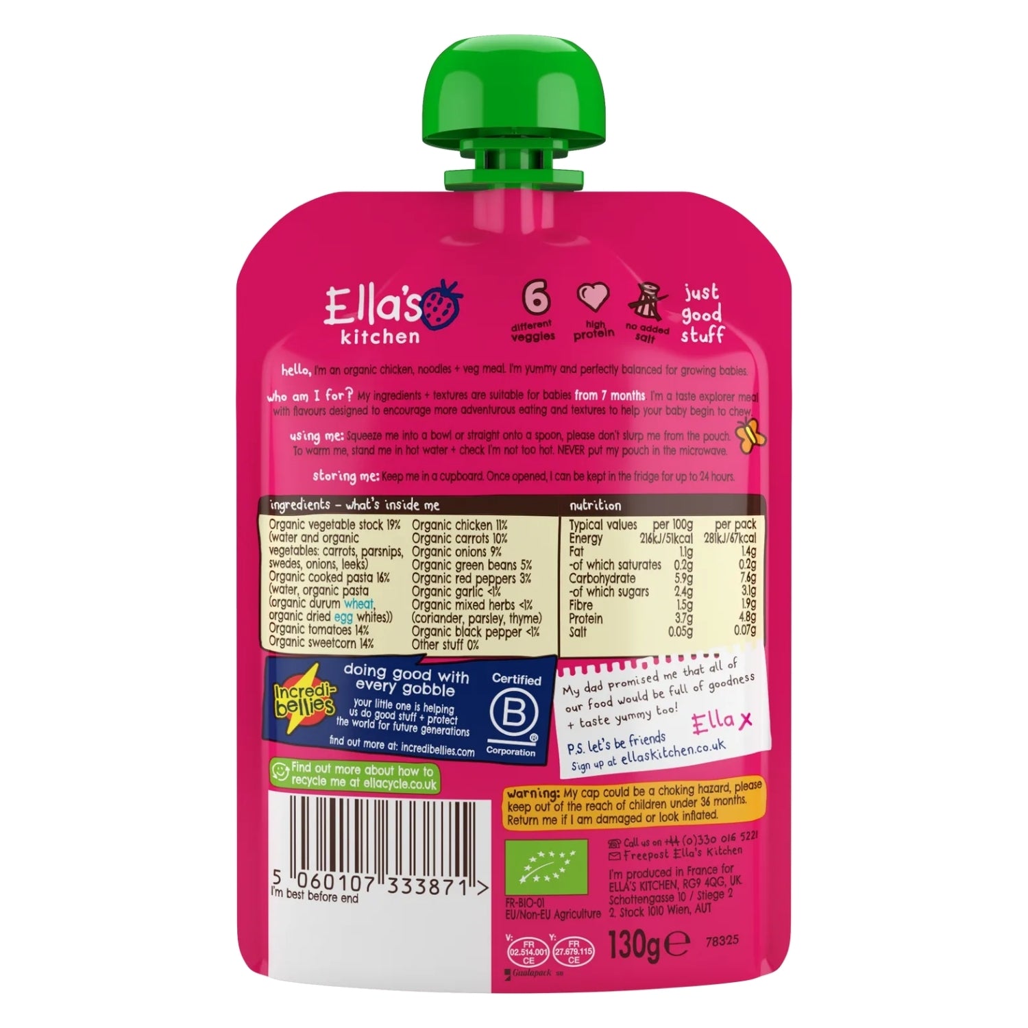 Ella's Kitchen Organic Baby Food Pouch, Chicken and Noodles with red peppers (7m+) - 130g