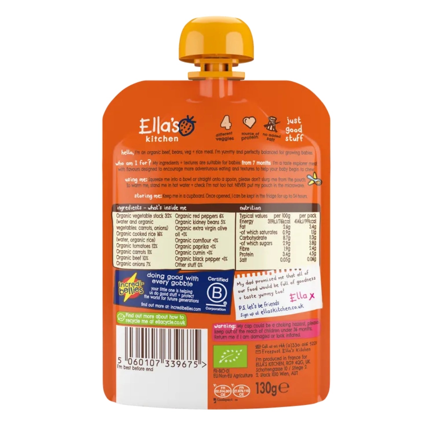 Ella's Kitchen Organic Baby Food Pouch, Mild Chilli Con Carne with paprika (7m+) - 130g