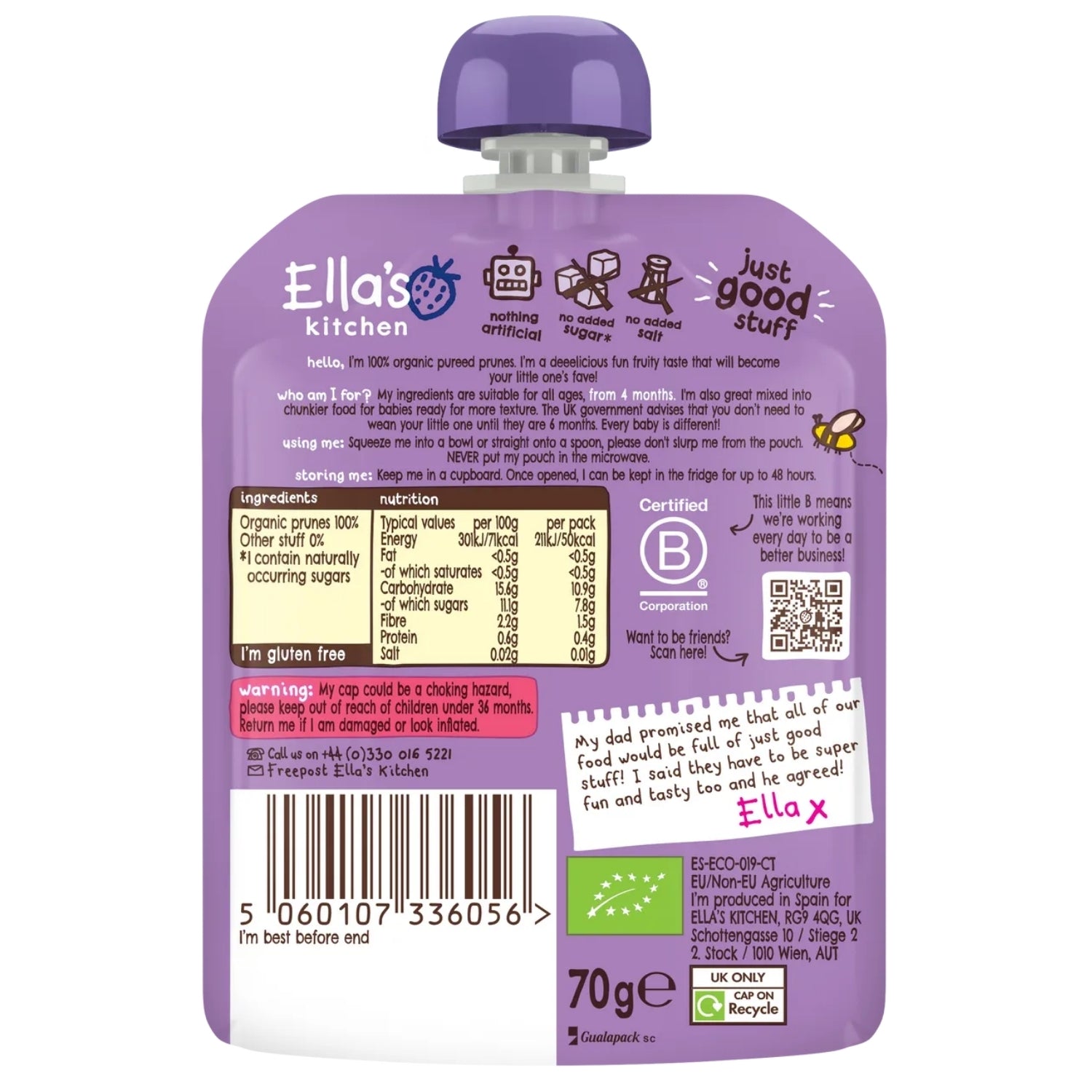 Ella's Kitchen Organic Baby Food Pouch, Prunes Prunes Prunes (4m+) - 70g