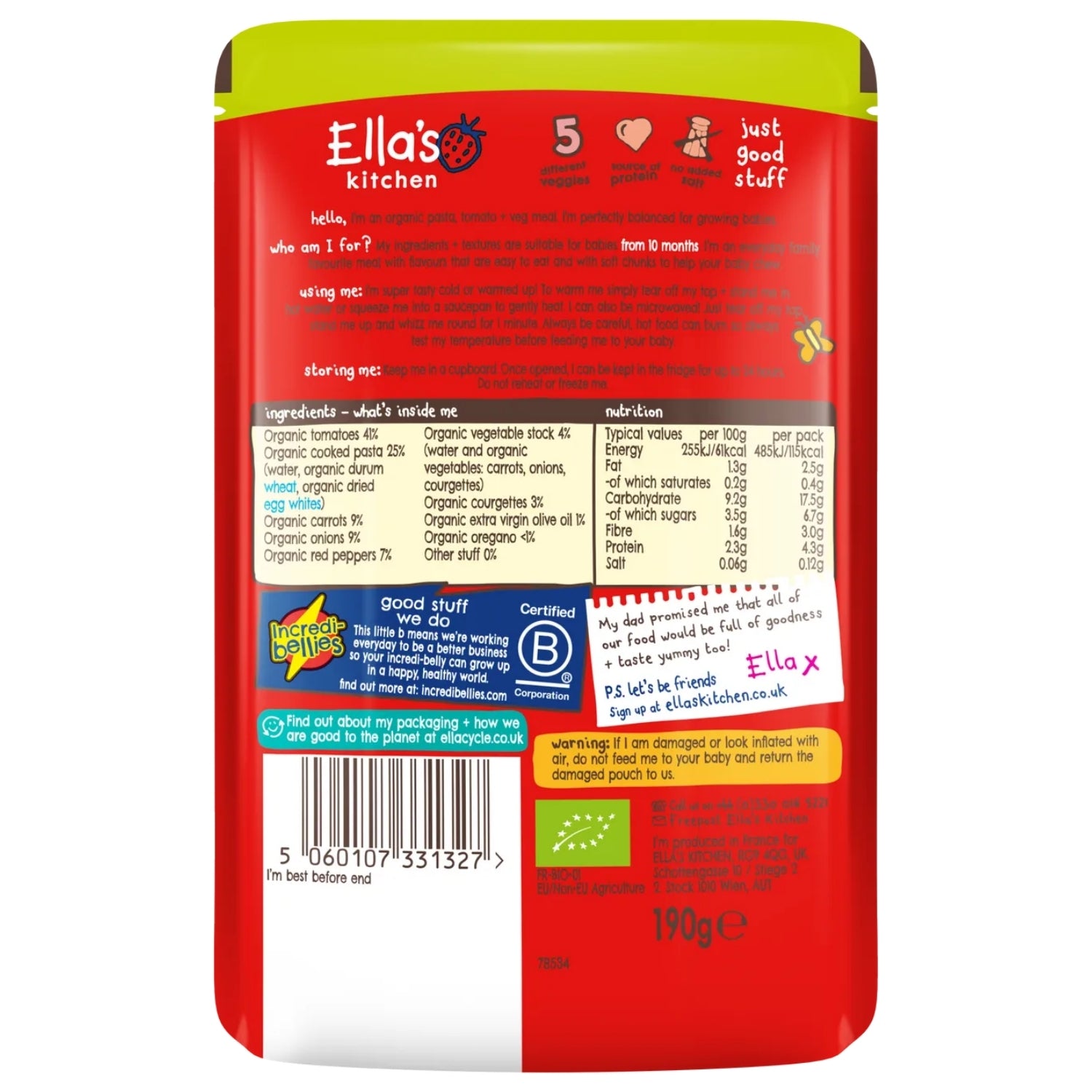 Ella's Kitchen Organic Baby Food Pouch, Tomato-y Pasta with Veggies (10m+) - 190g